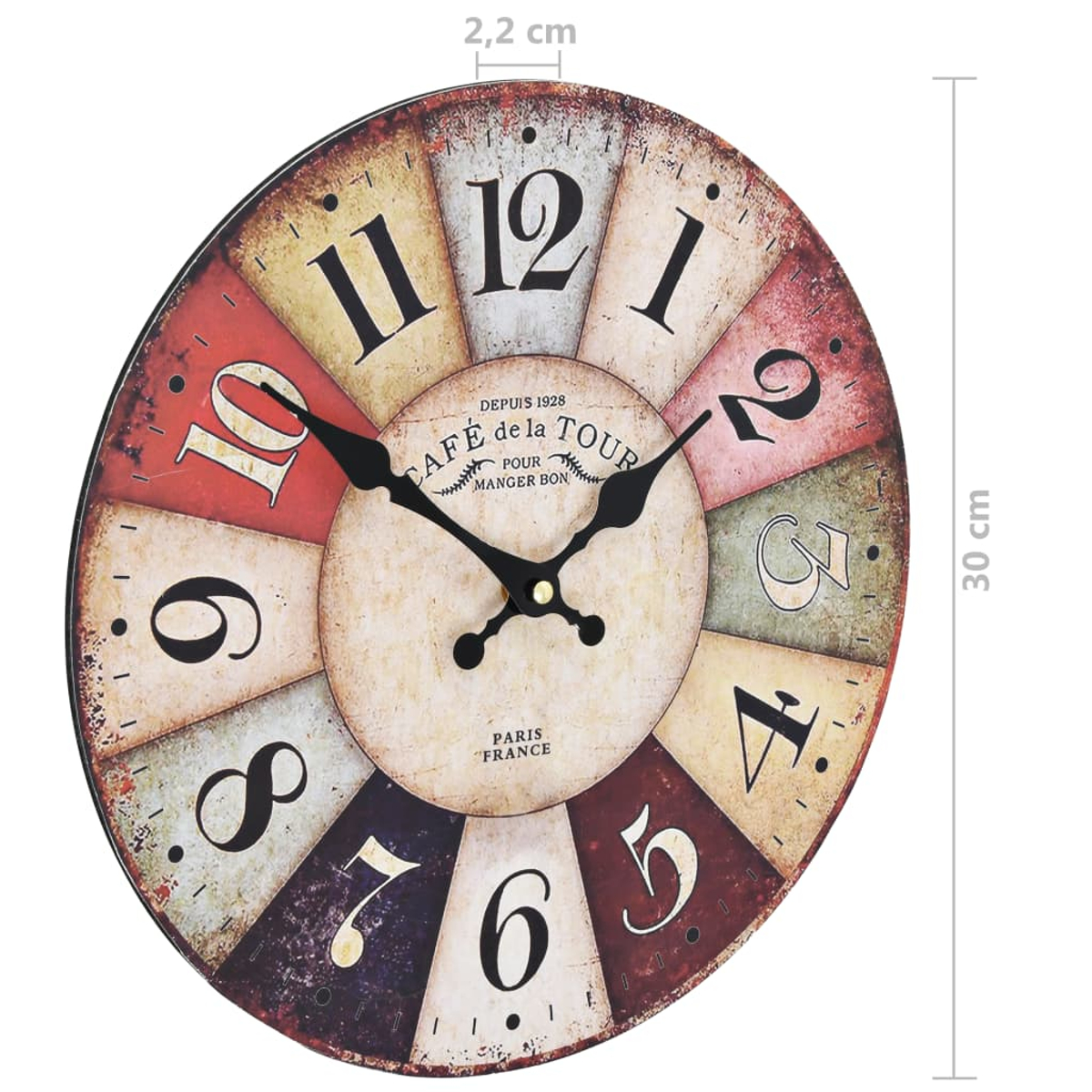 Vintage Wanduhr mit Zahlen und "Café de la Tour" Aufschrift.