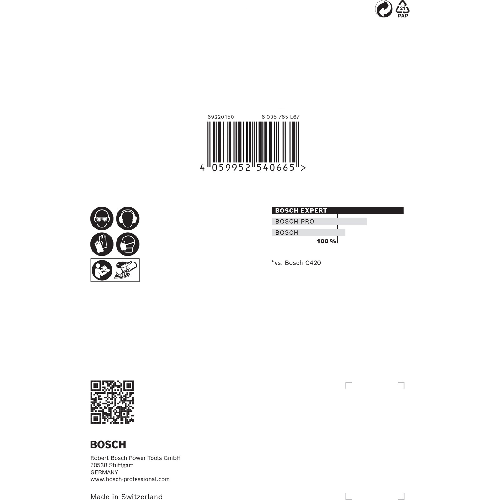 Barcode, Sicherheitssymbole, Bosch-Logo und Leistungsgrafik.