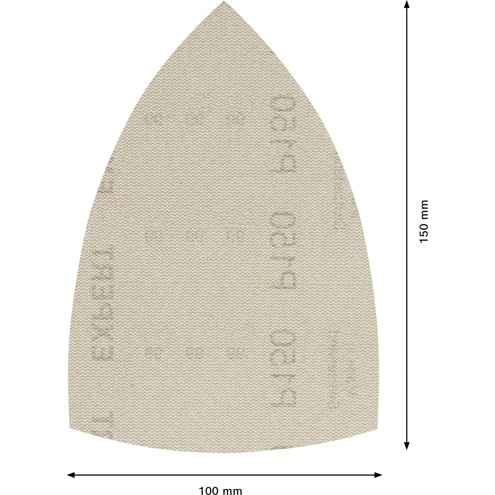 Ein sandfarbenes Schleifpapier Dreieck mit Maßen 100x150mm.