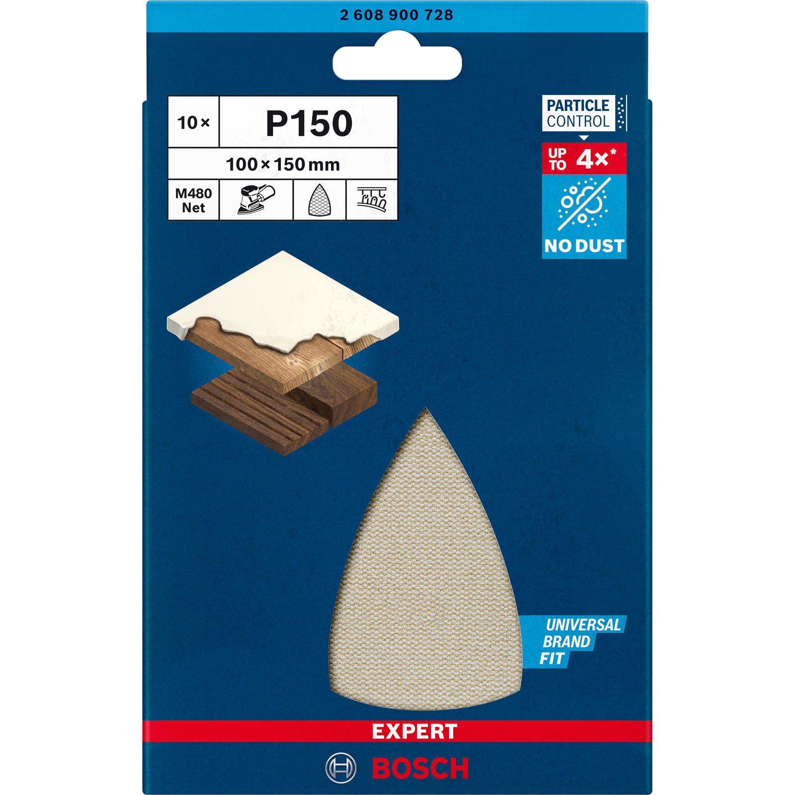 Bosch P150 Schleifpapier-Verpackung mit Holz- und Oberflächenabbildung.