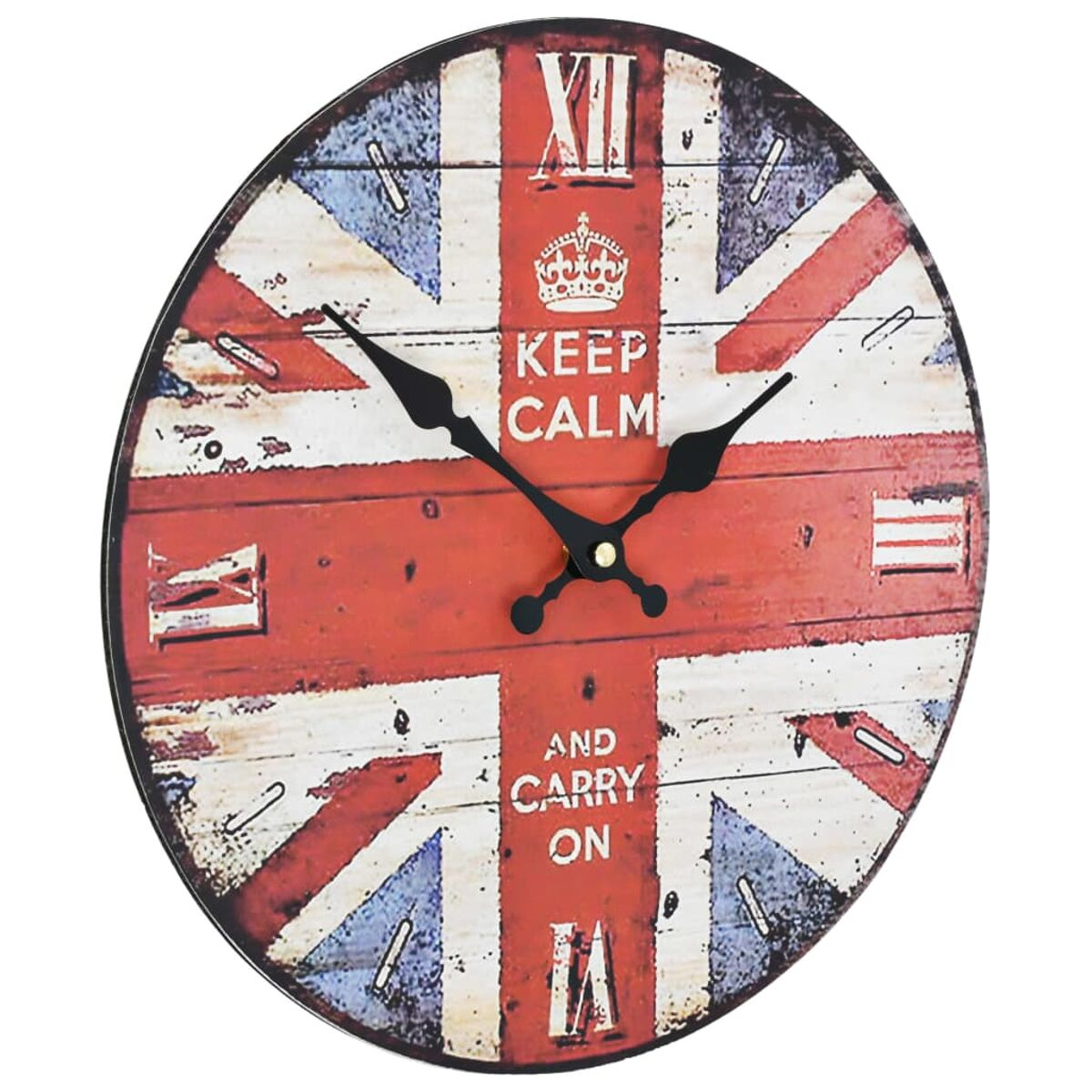 Eine runde Uhr mit dem Union-Jack-Design und der Aufschrift 'Keep Calm'.