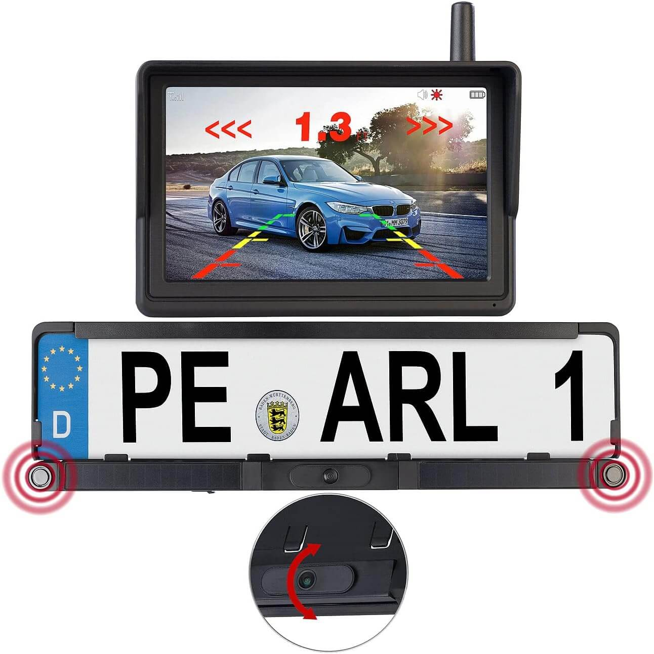 Rückfahrkamera mit Monitor zeigt blauen BMW, Kennzeichen PEARL 1.