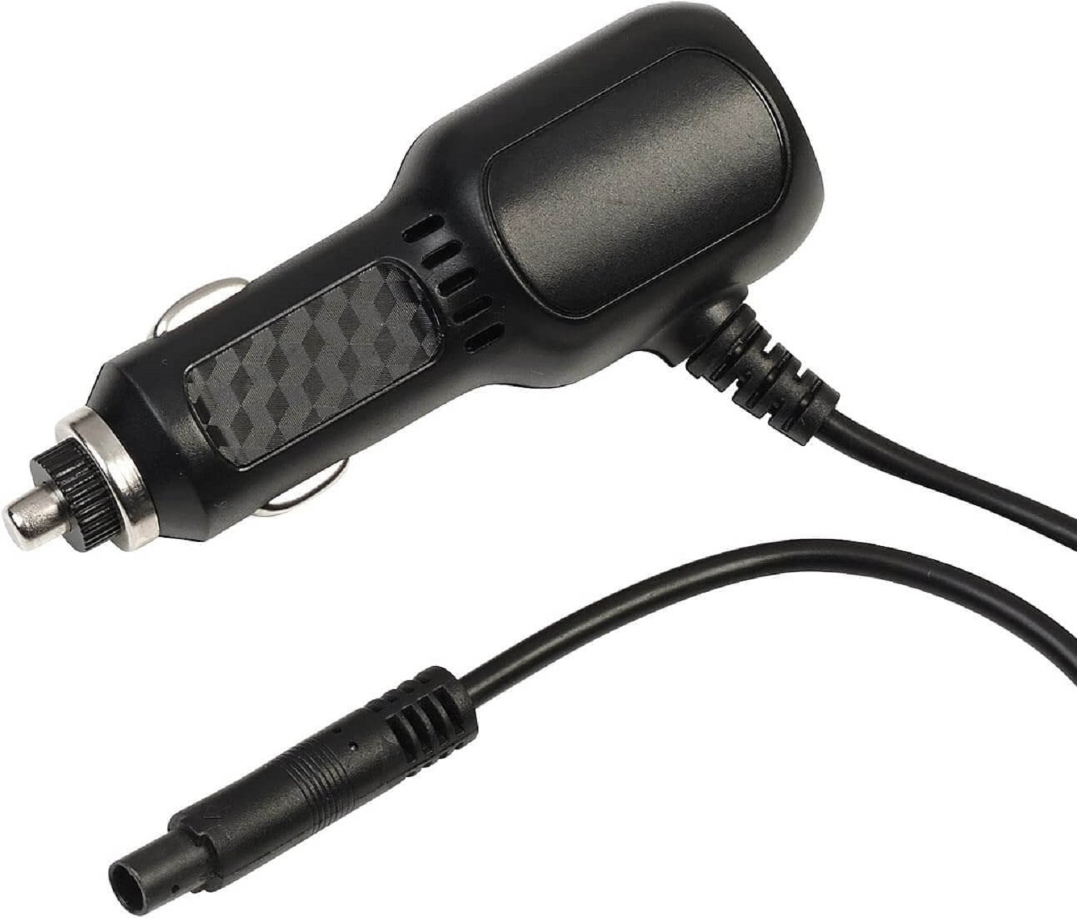 Schwarzer Kfz-Adapter mit Kabel und Stecker auf weißem Hintergrund.