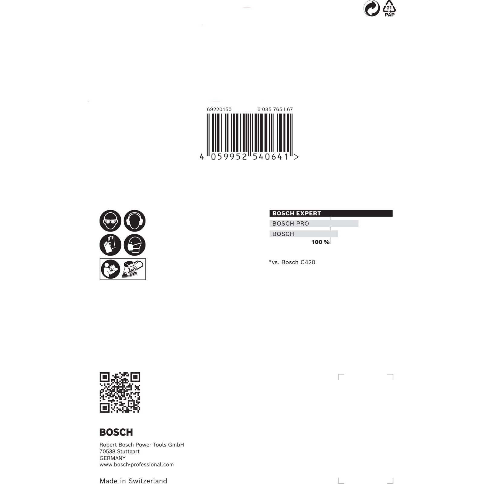 Sicherheitssymbole: Schutzbrille, Gehörschutz, Handschuhe, Mundschutz. Barcode und Bosch-Logo.