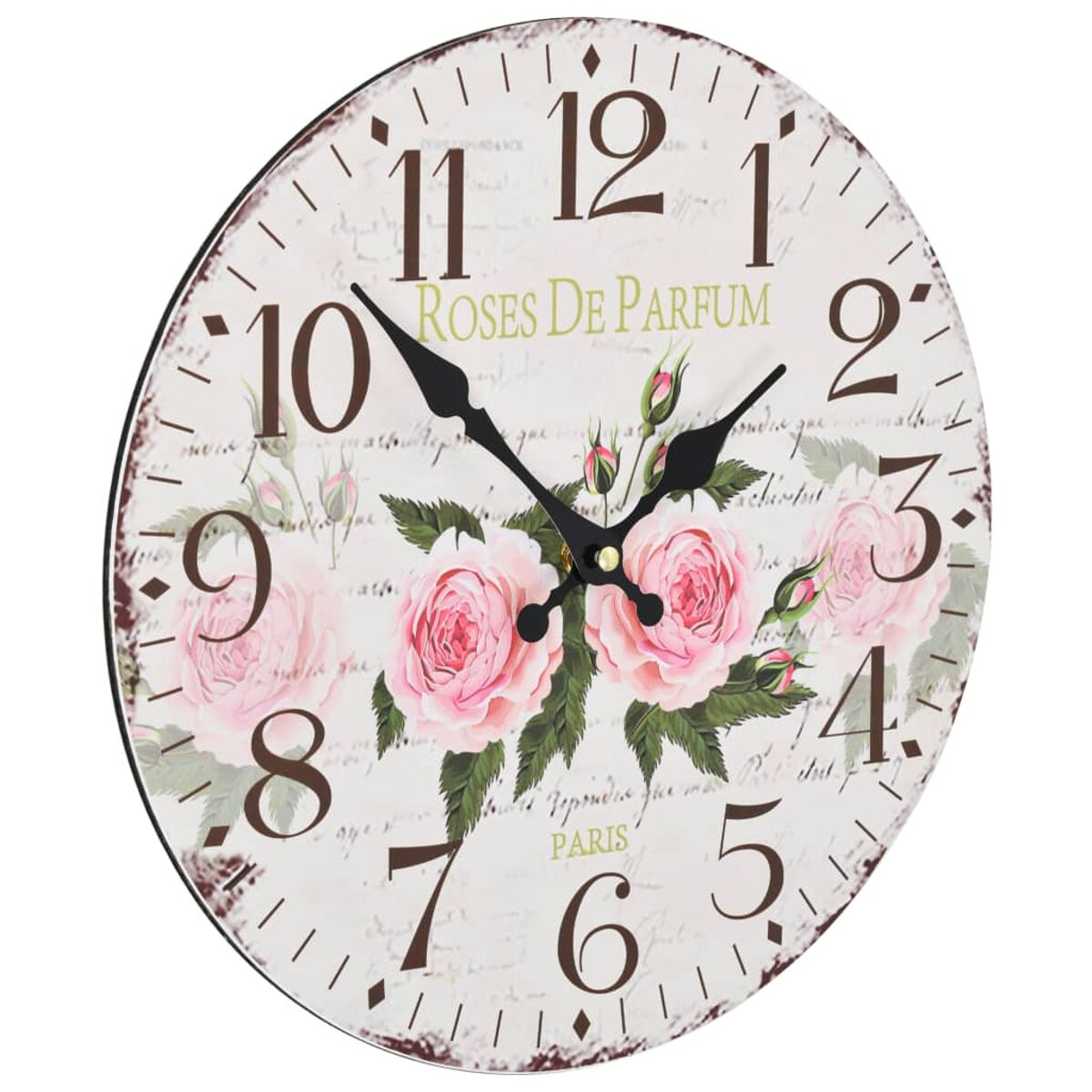Eine Wanduhr mit Rosenmotiv und römischen Ziffern.
