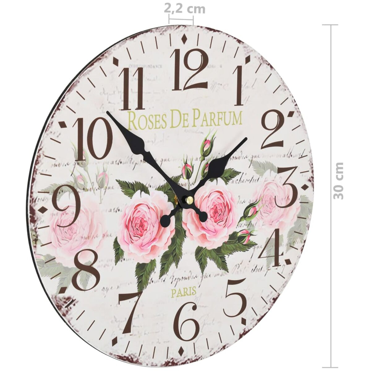 Eine runde Wanduhr mit rosa Rosen und Schriftzug, 30 cm Durchmesser.