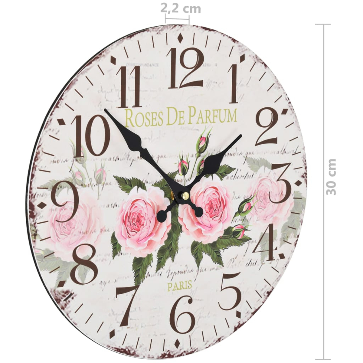 Eine runde Wanduhr mit Rosen-Design und römischen Ziffern.
