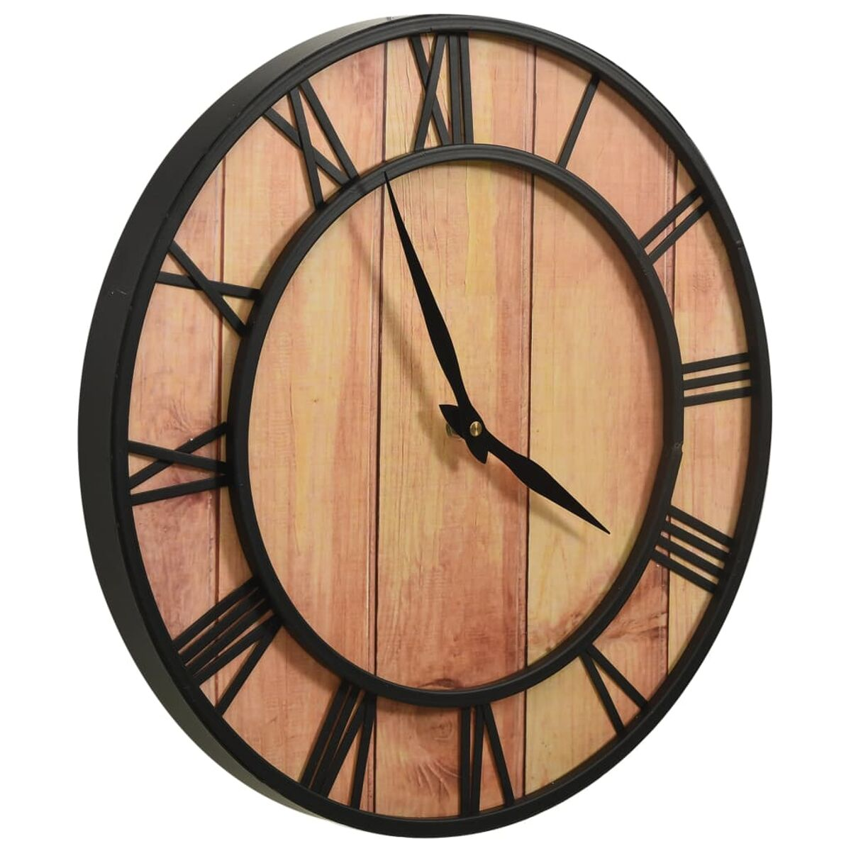 Eine runde Wanduhr mit Holz Zifferblatt, schwarzen römischen Ziffern und Zeigern.