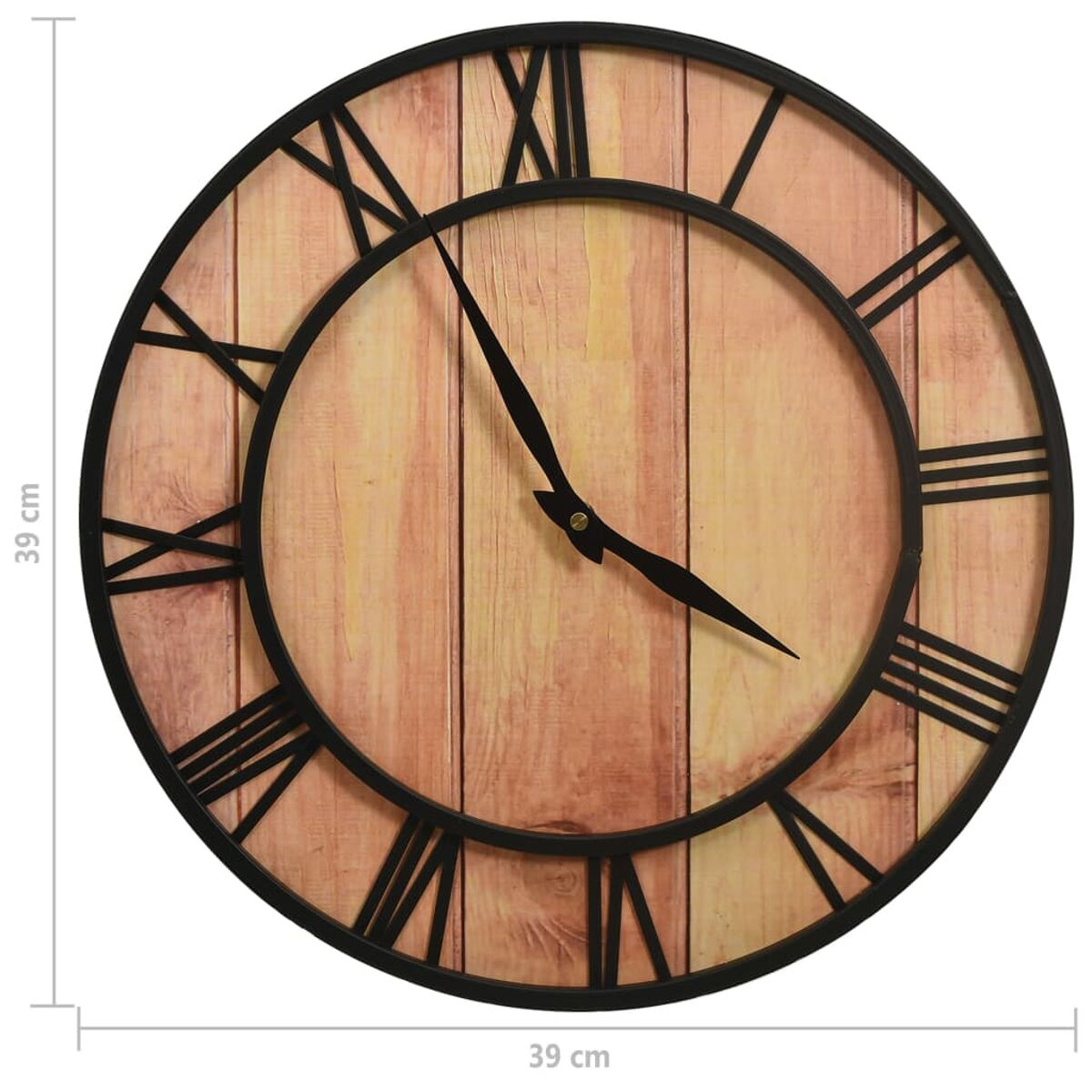 Eine Holzwand-Uhr mit schwarzen römischen Ziffern und Zeigern.