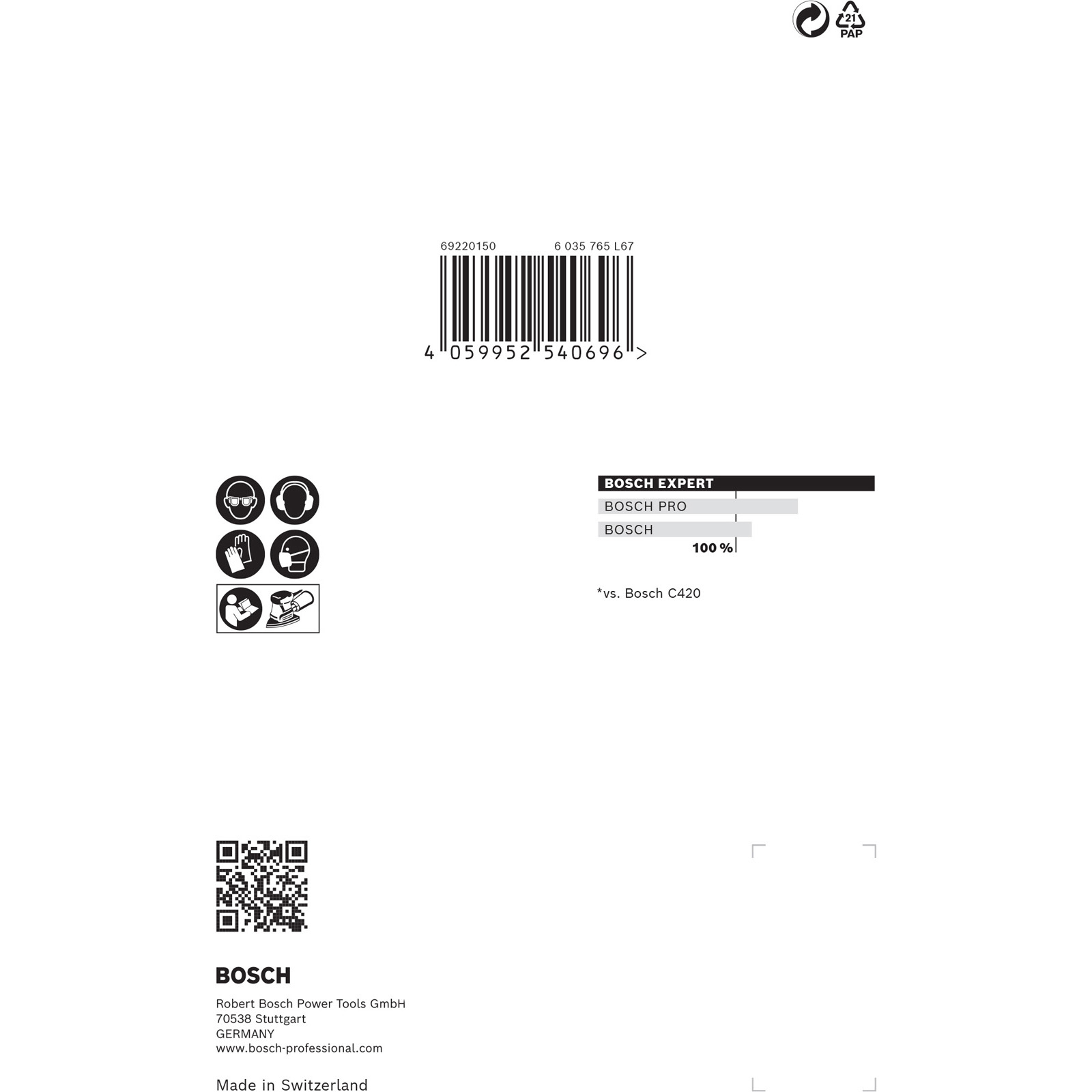 Barcode, Warnsymbole, Bosch Logo und Leistungsvergleich.