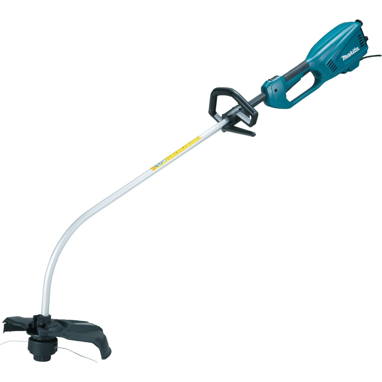 Ein blauer Makita-Rasentrimmer mit gebogenem Schaft und schwarzem Griff.