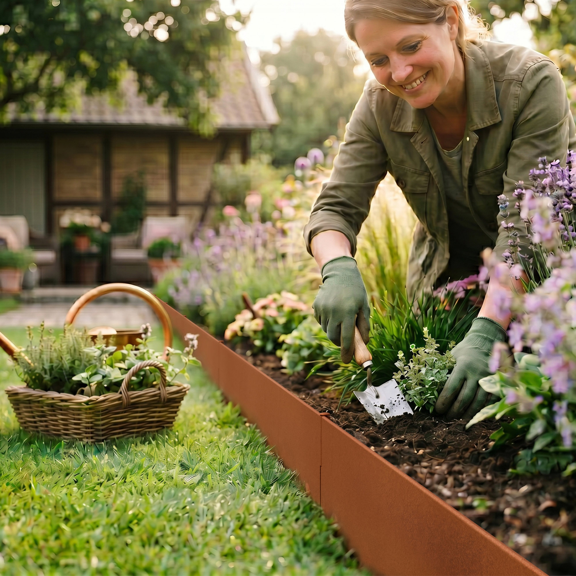 Eine Frau pflanzt im Garten, ein Korb mit Pflanzen steht daneben.