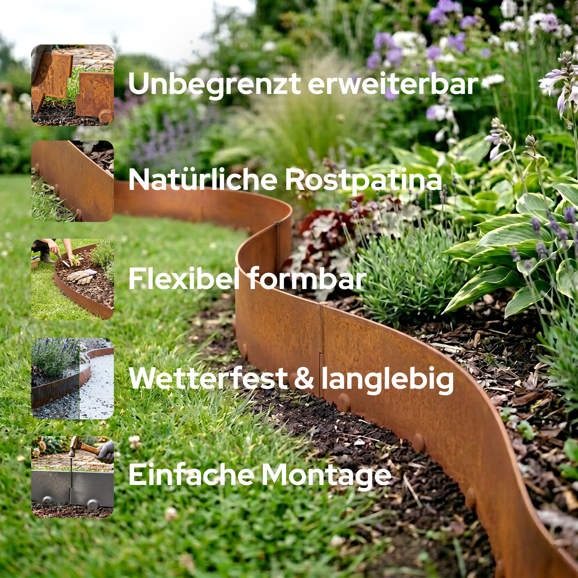 Rostige Gartenbegrenzung mit Text: unbegrenzt erweiterbar, natürliche Rostpatina, flexibel formbar, wetterfest & langlebig, einfache Montage.