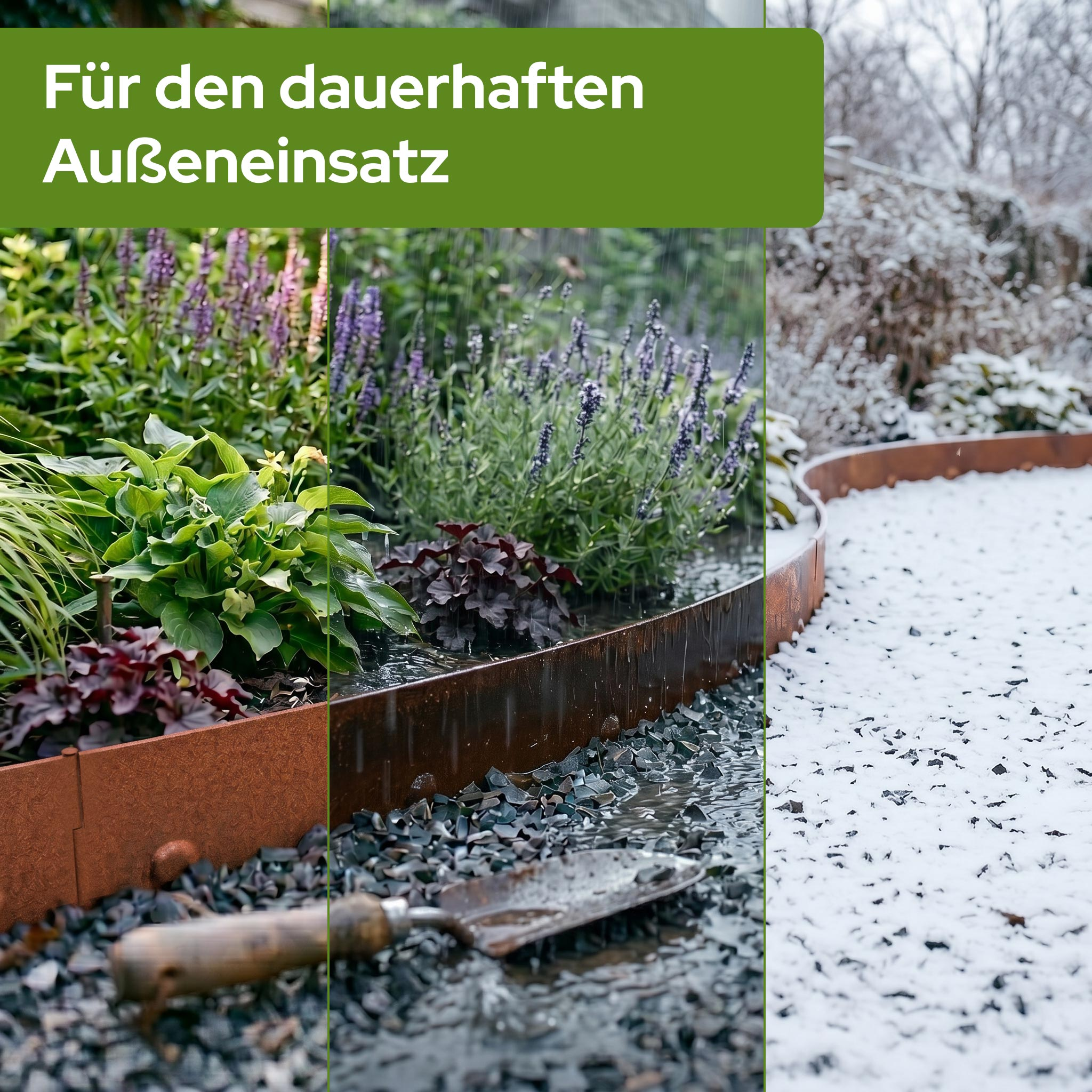 Ein Garten im Regen und Schnee, mit rostigen Metallkanten und Pflanzen.
