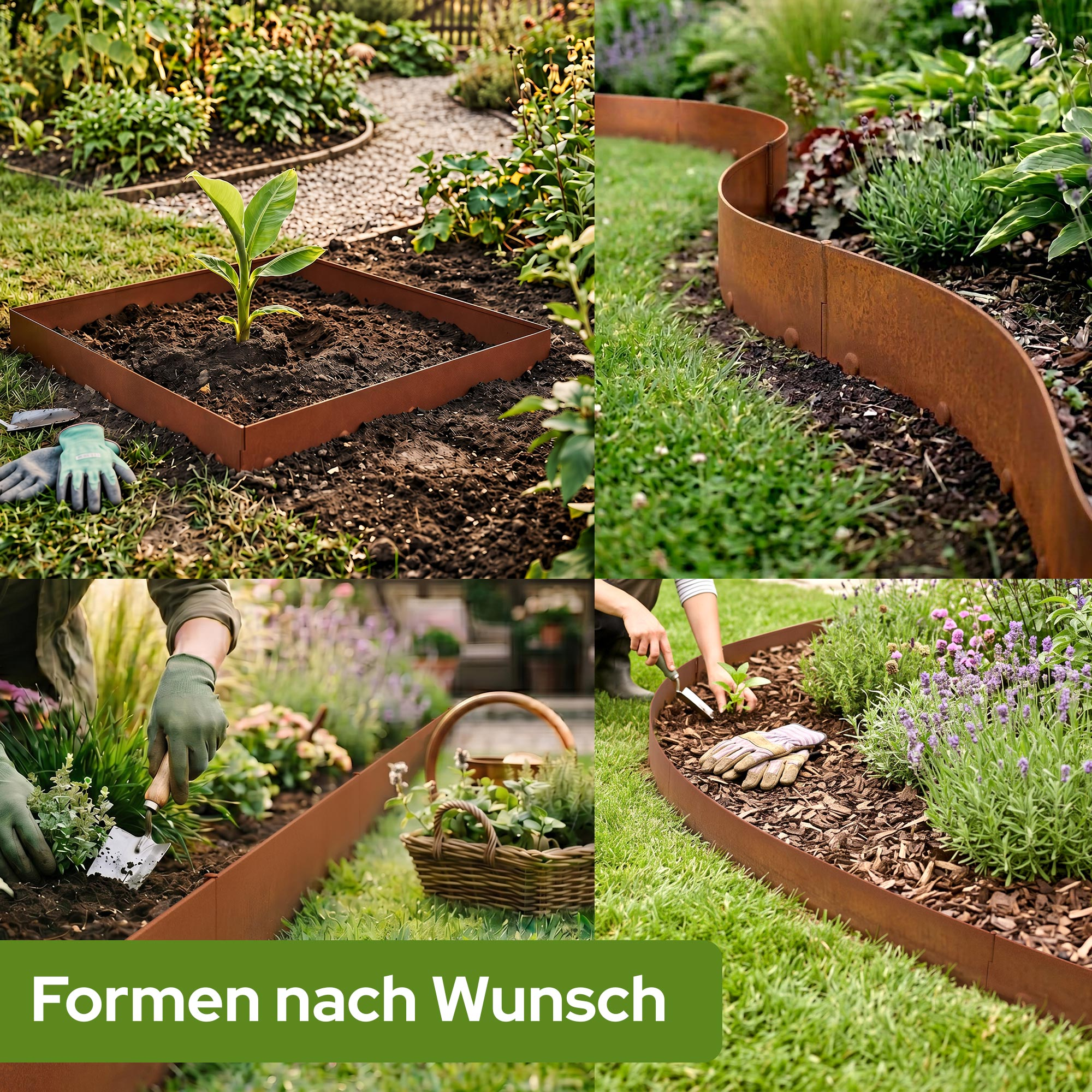 Gartenarbeiten: Junge Pflanze, Metallbegrenzung, Werkzeuge, Korb und Lavendel.