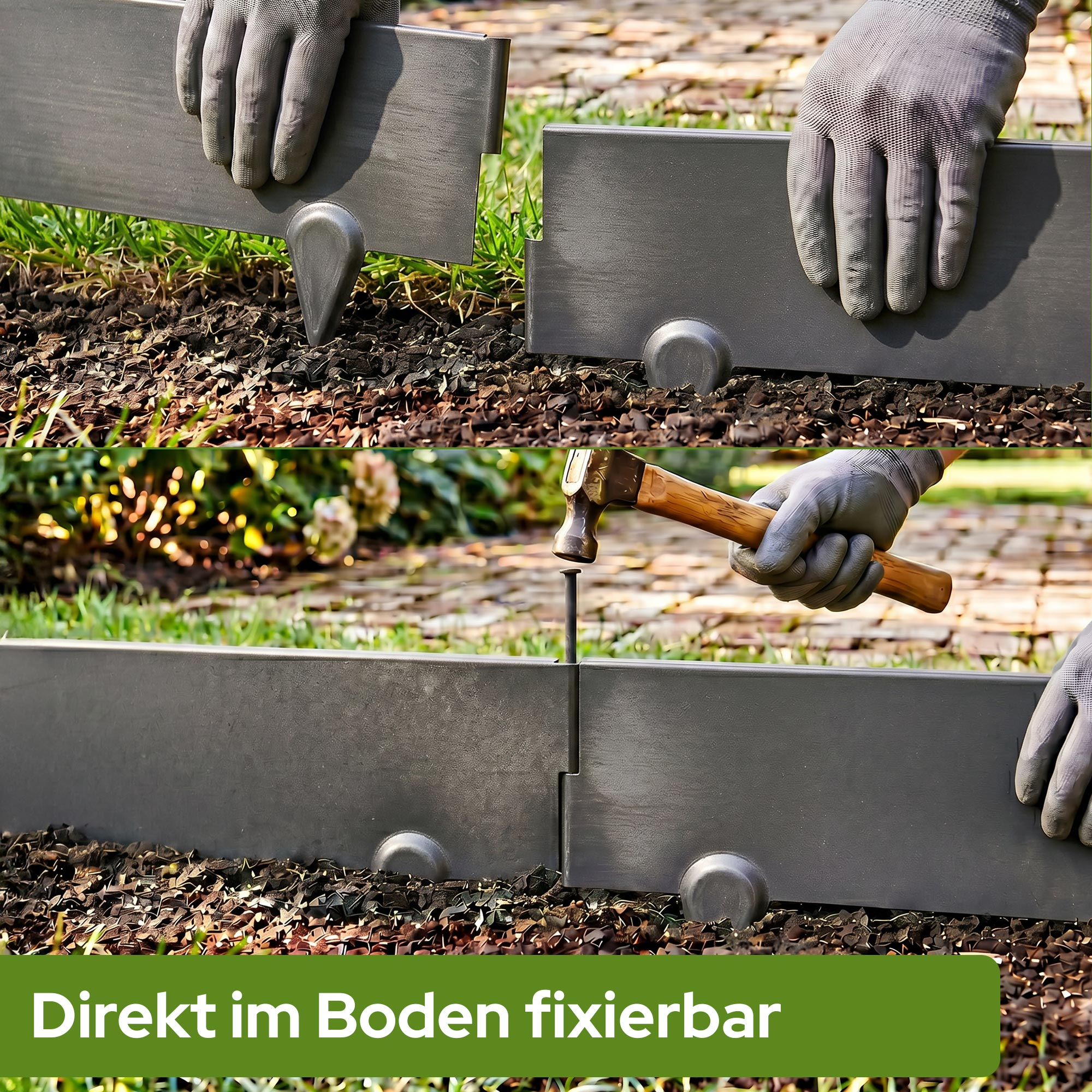 Gartenrand wird mit Hammer und Erdspieß befestigt.