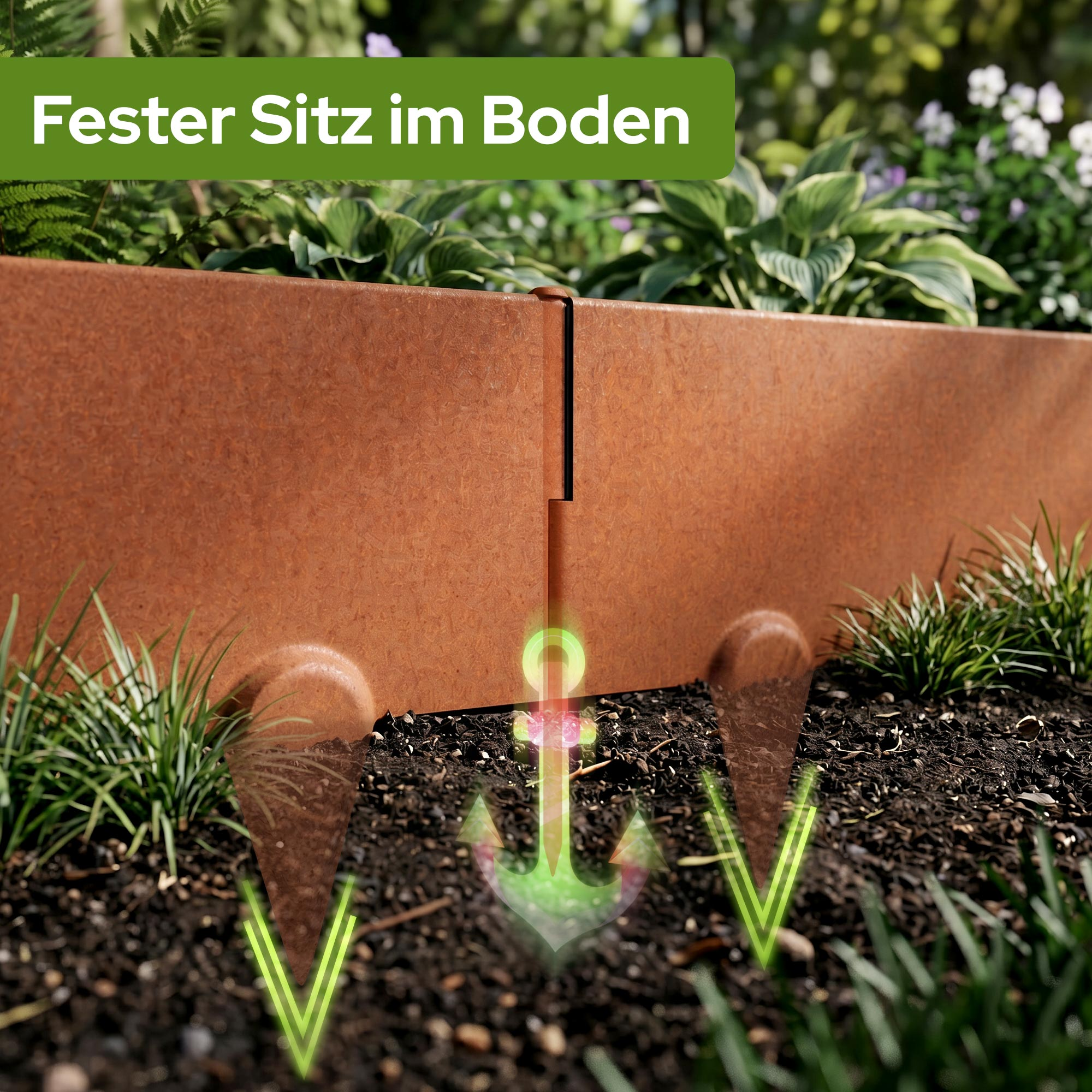 Rostbraune Beetbegrenzung mit Erdanker-Symbol und grünen Pfeilen.