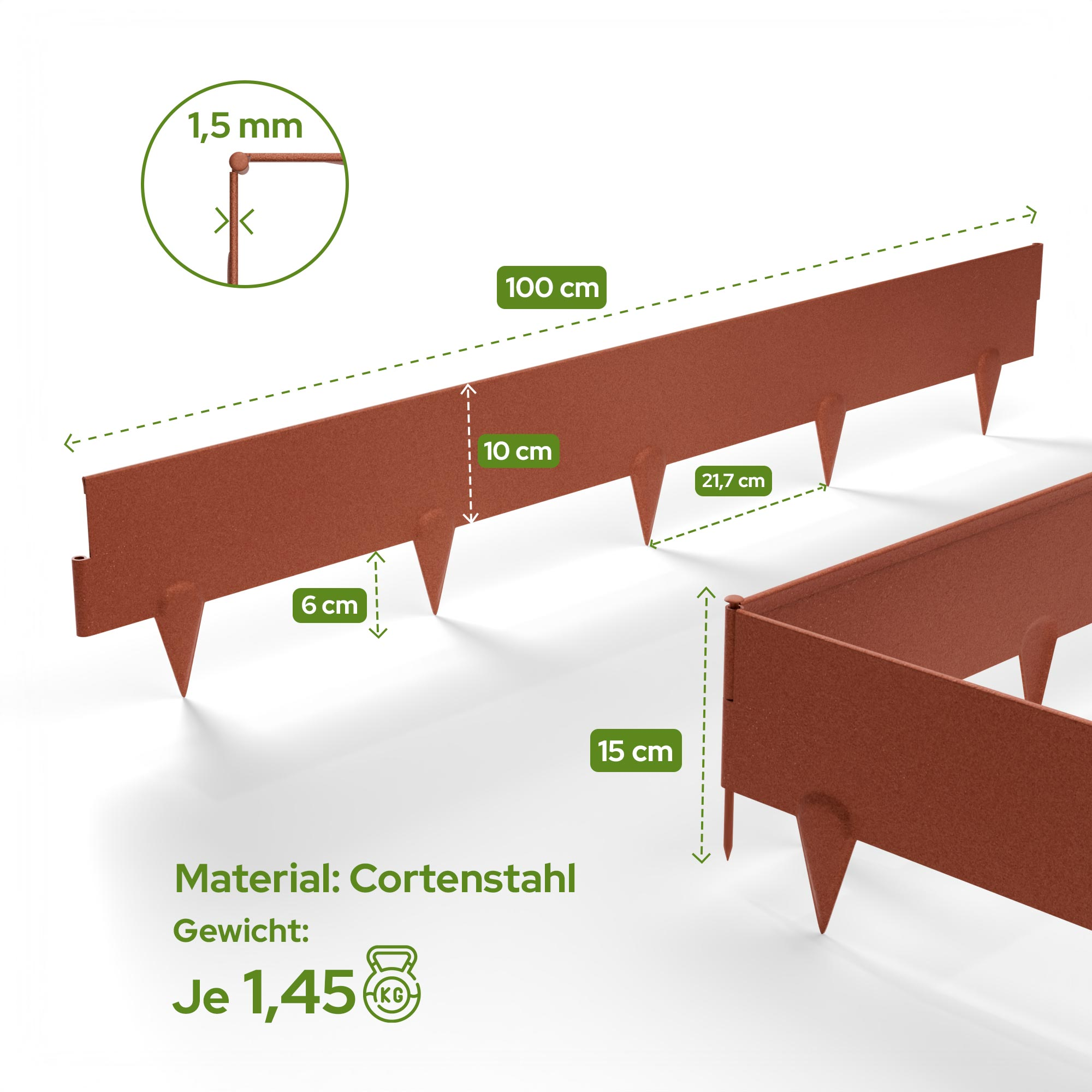 Rostbraune Metall-Gartenbegrenzung mit Spikes, Maße: 100x10x21,7 cm.