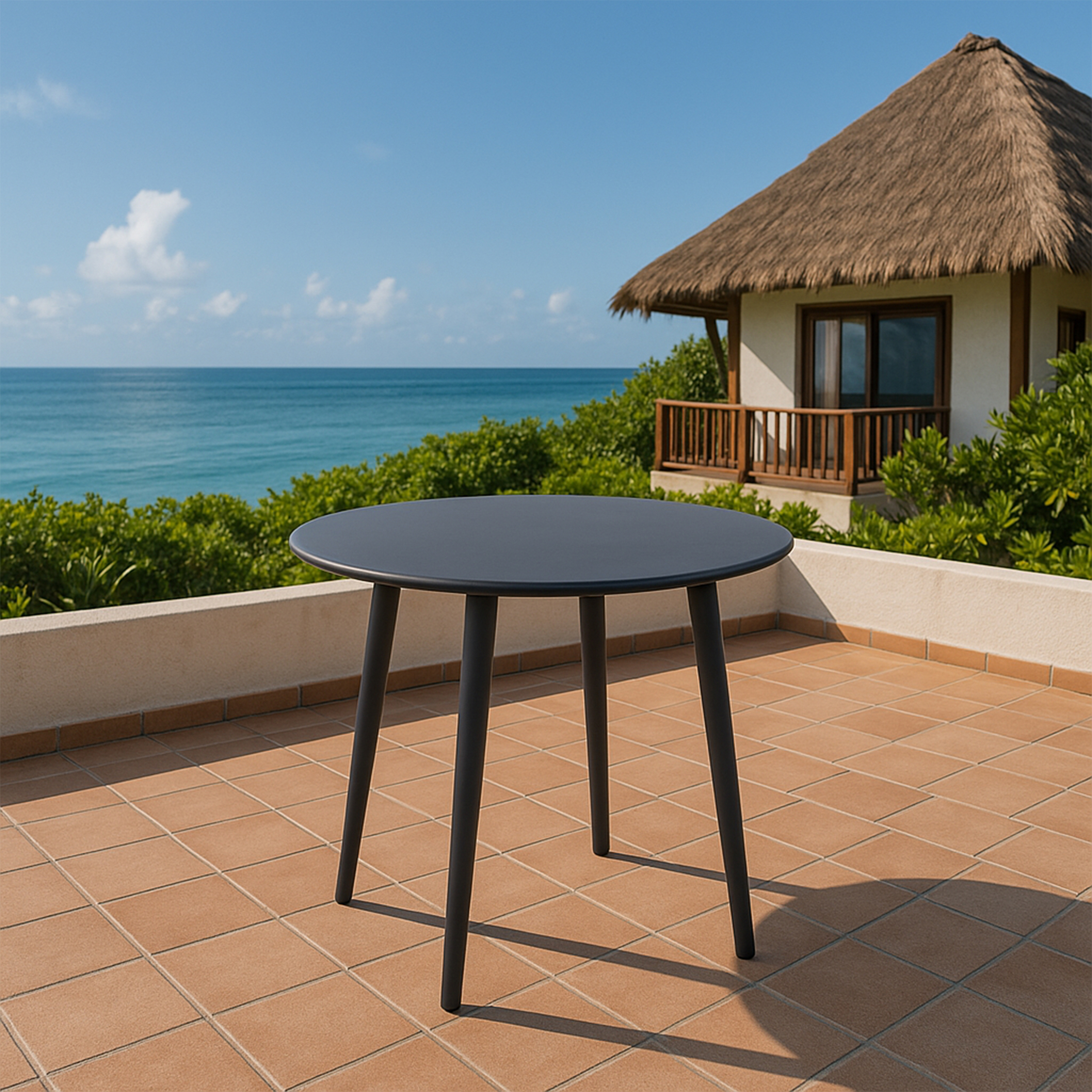 Ein runder, dunkler Tisch auf einer Terrasse mit Blick auf das Meer und ein strohgedecktes Haus.