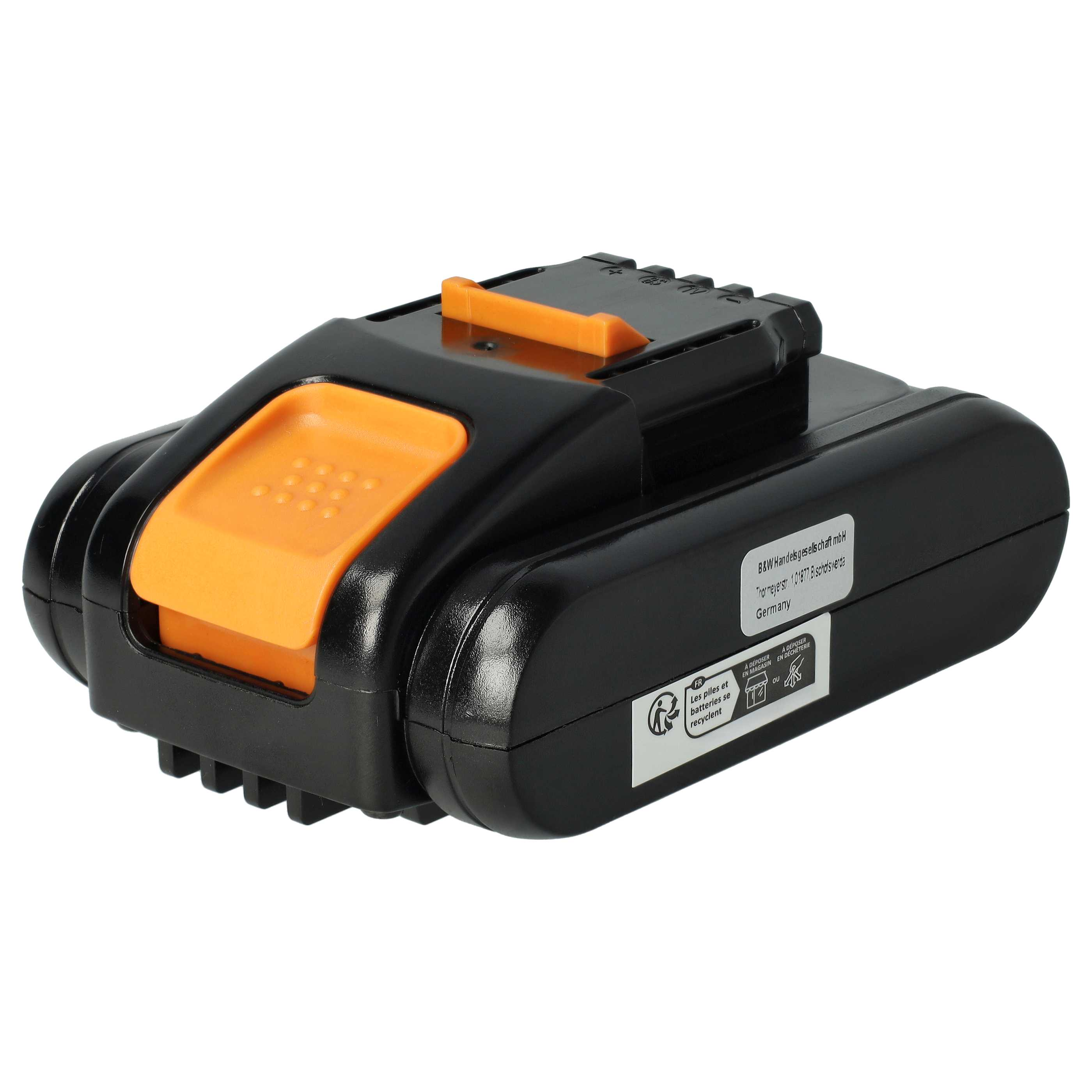 Schwarzer Akku mit orangefarbenen Bedienelementen und Aufklebern.