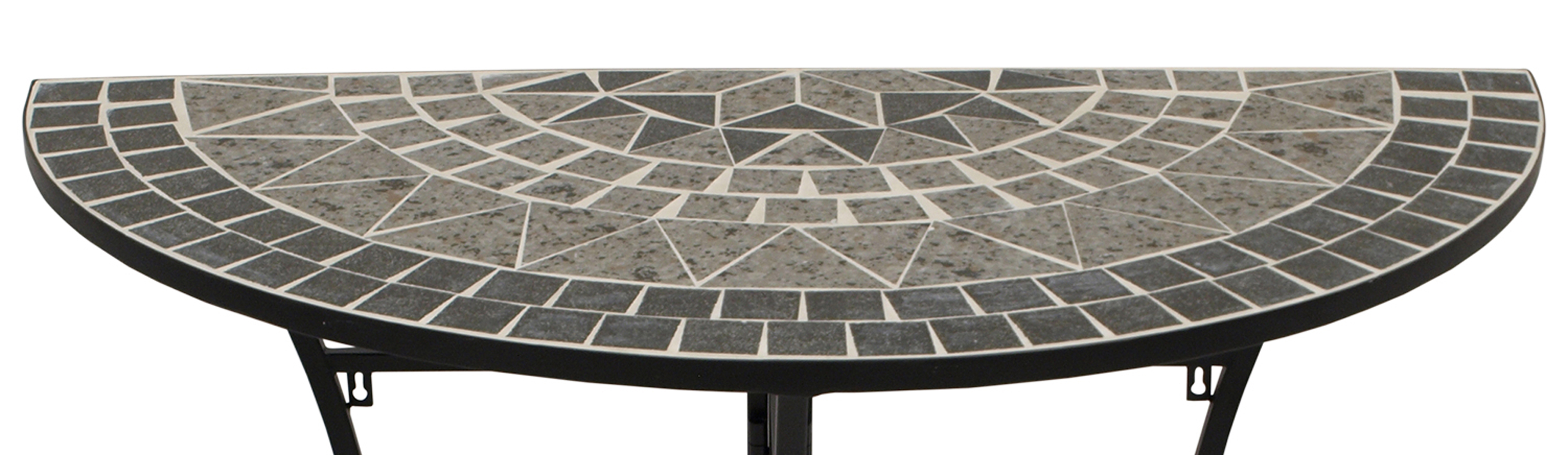 Halbrunde Tischplatte mit Mosaik aus grauen und beigen Steinquadern und Dreiecken.