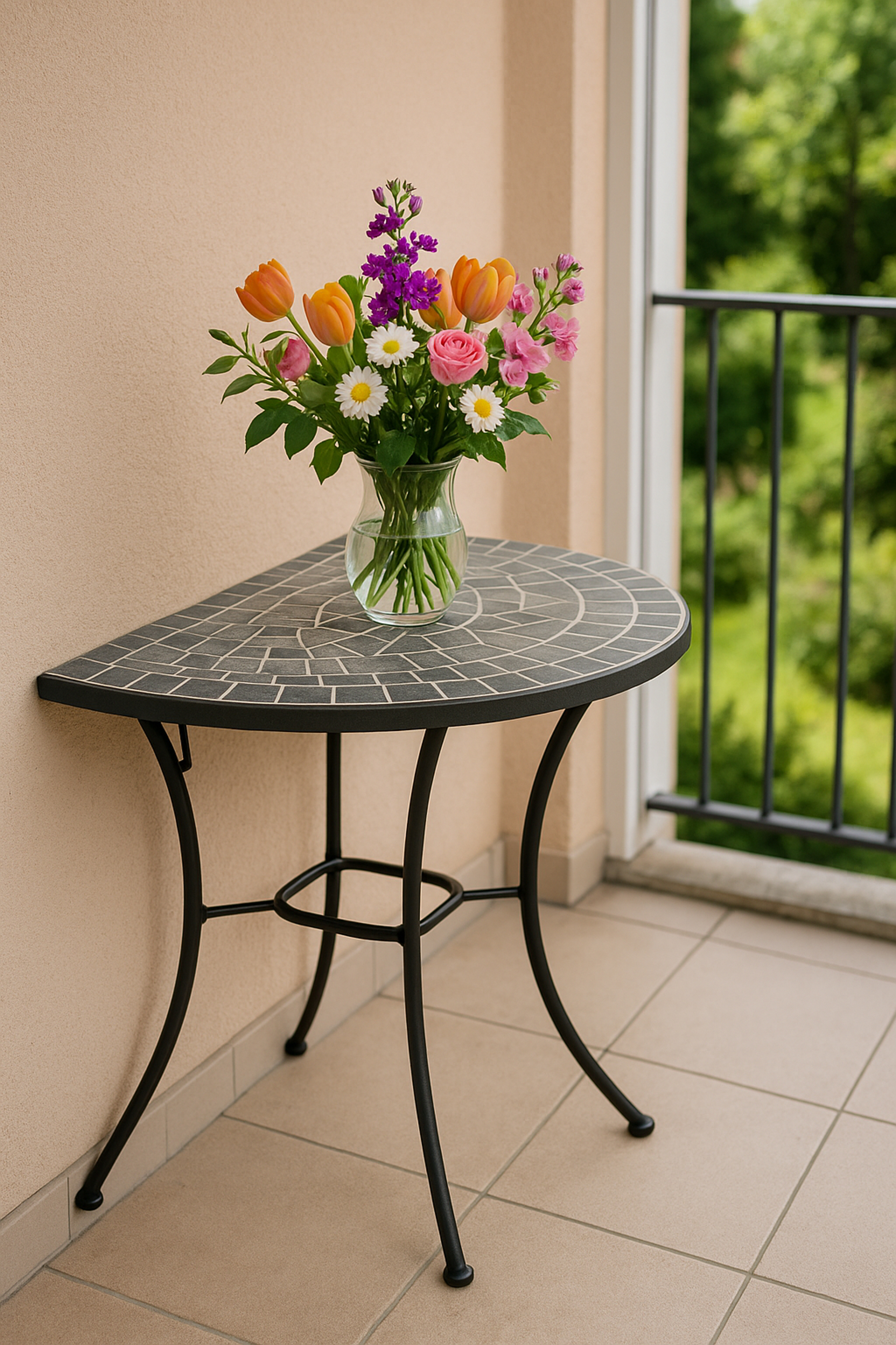 Blumenstrauß in einer Vase auf einem Mosaiktisch auf einem Balkon.