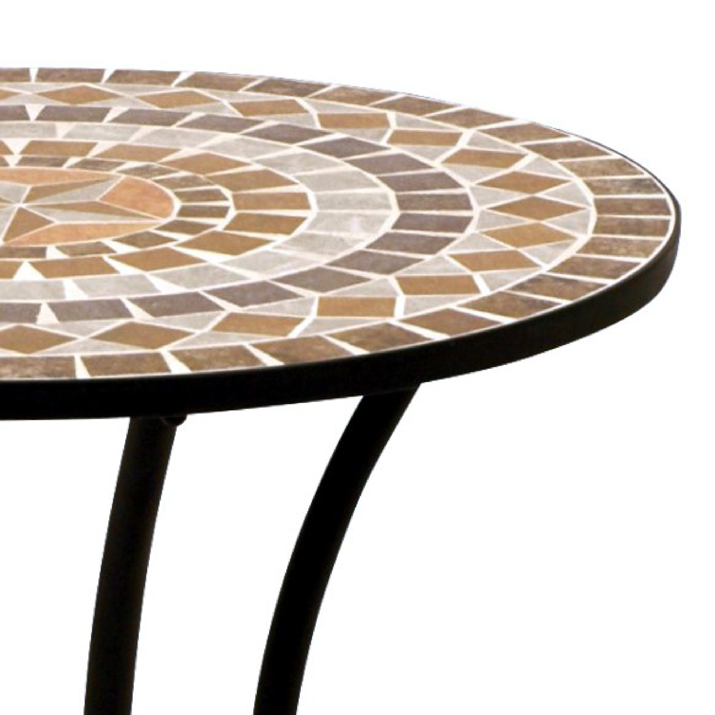 Runder Tisch mit Mosaikoberfläche in Braun- und Grautönen, schwarze Beine.