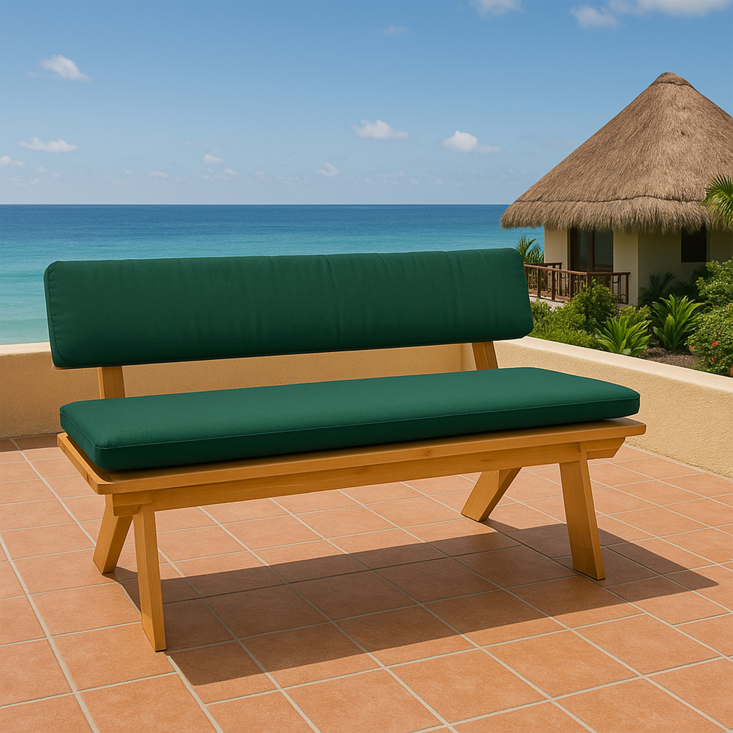 Eine Holzbank mit dunkelgrünen Kissen steht auf einer Terrasse am Meer.