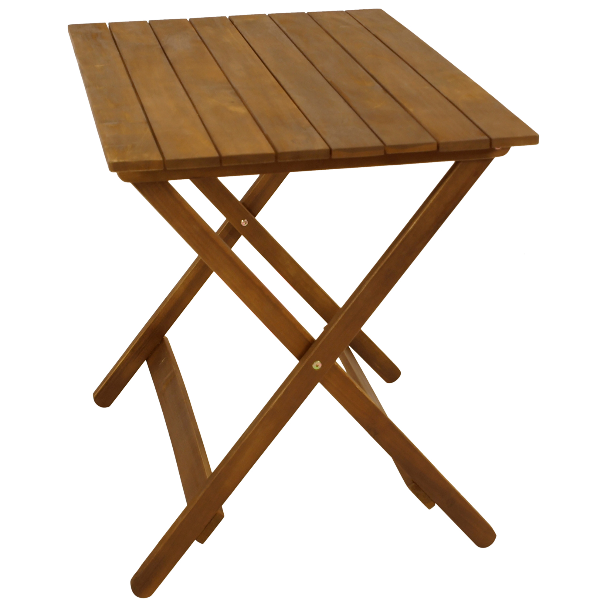 Ein brauner Holztisch mit klappbarem X-Gestell.