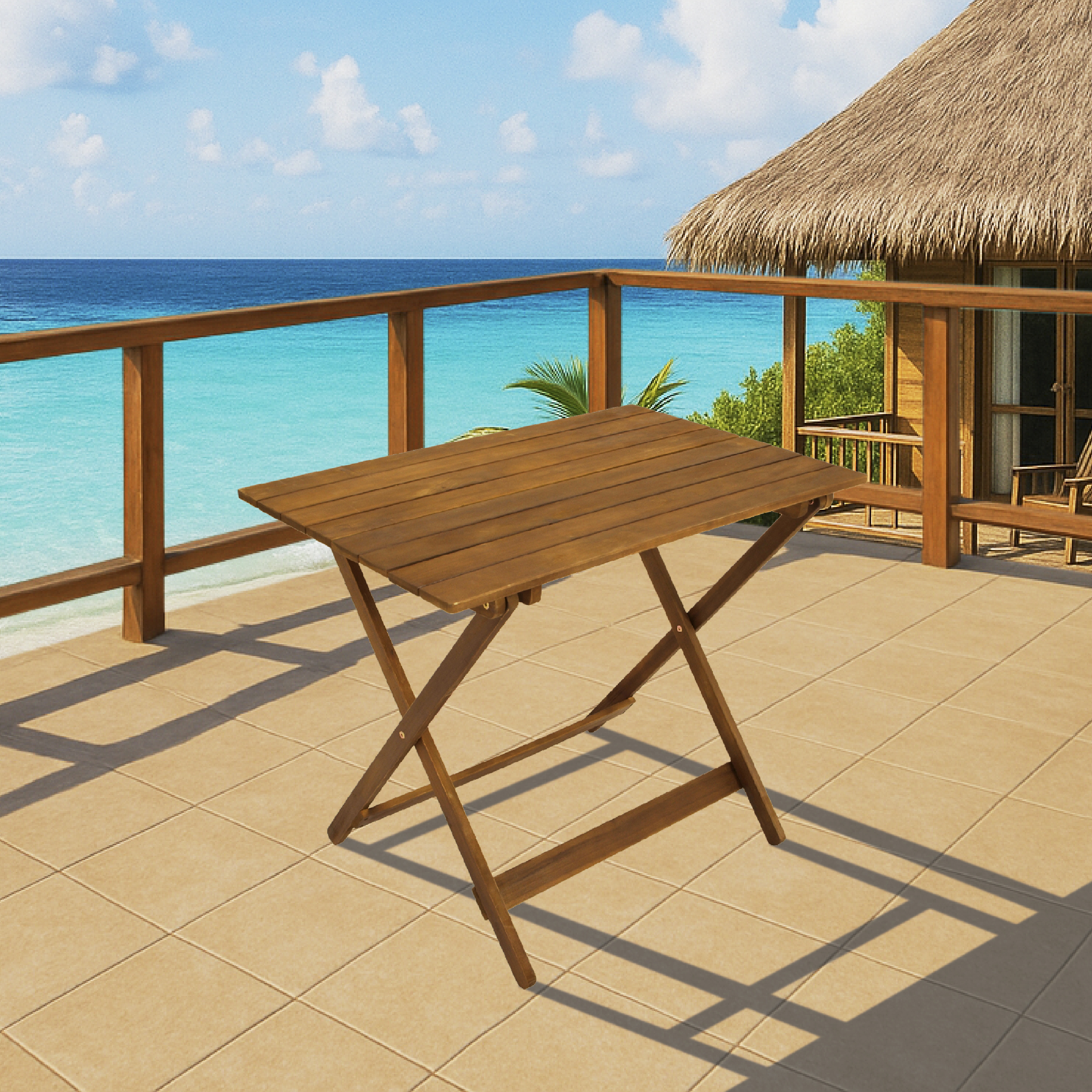 Ein Holztisch auf einer gefliesten Terrasse mit Blick auf das Meer.