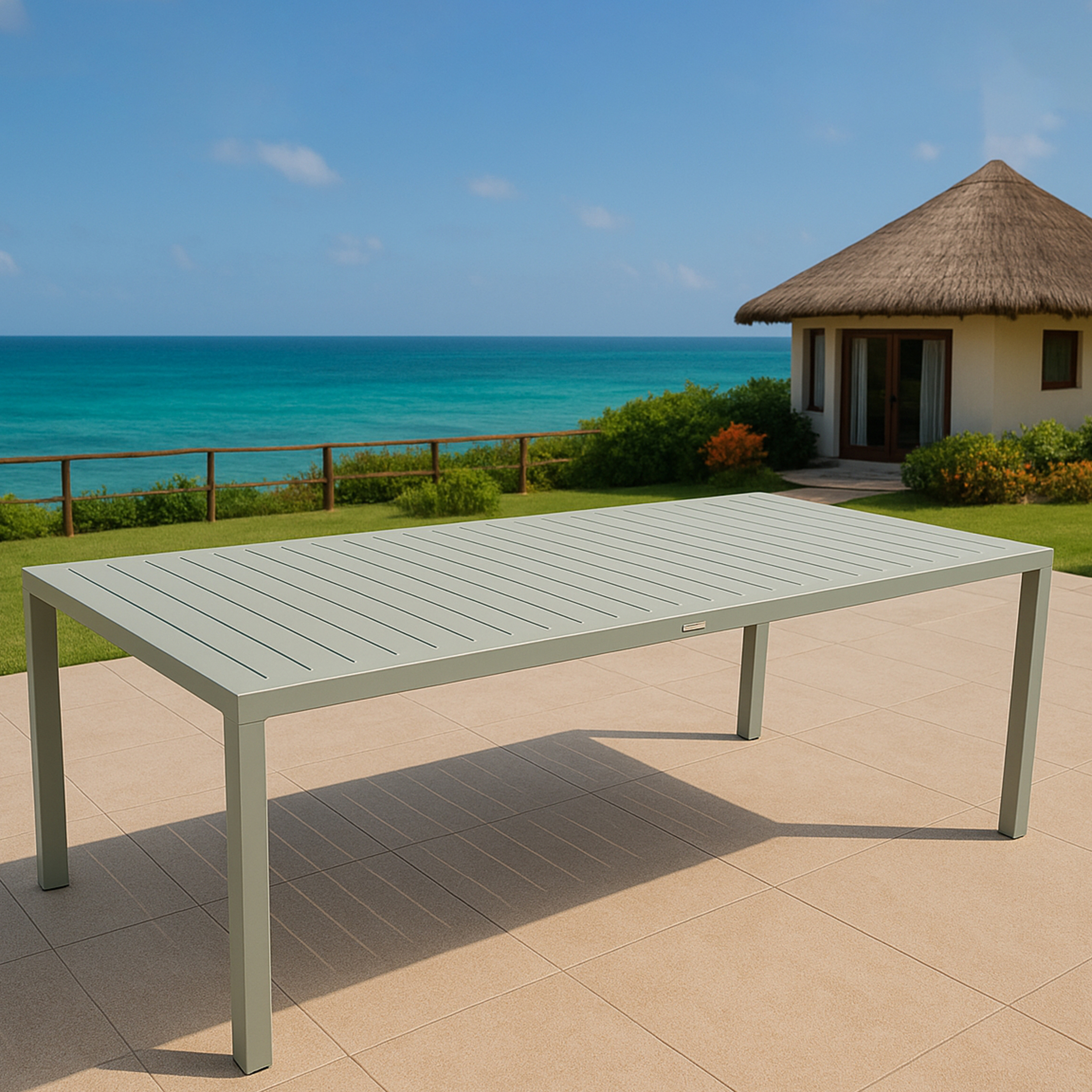 Ein grauer Gartentisch steht auf einer gefliesten Terrasse mit Blick auf das Meer.