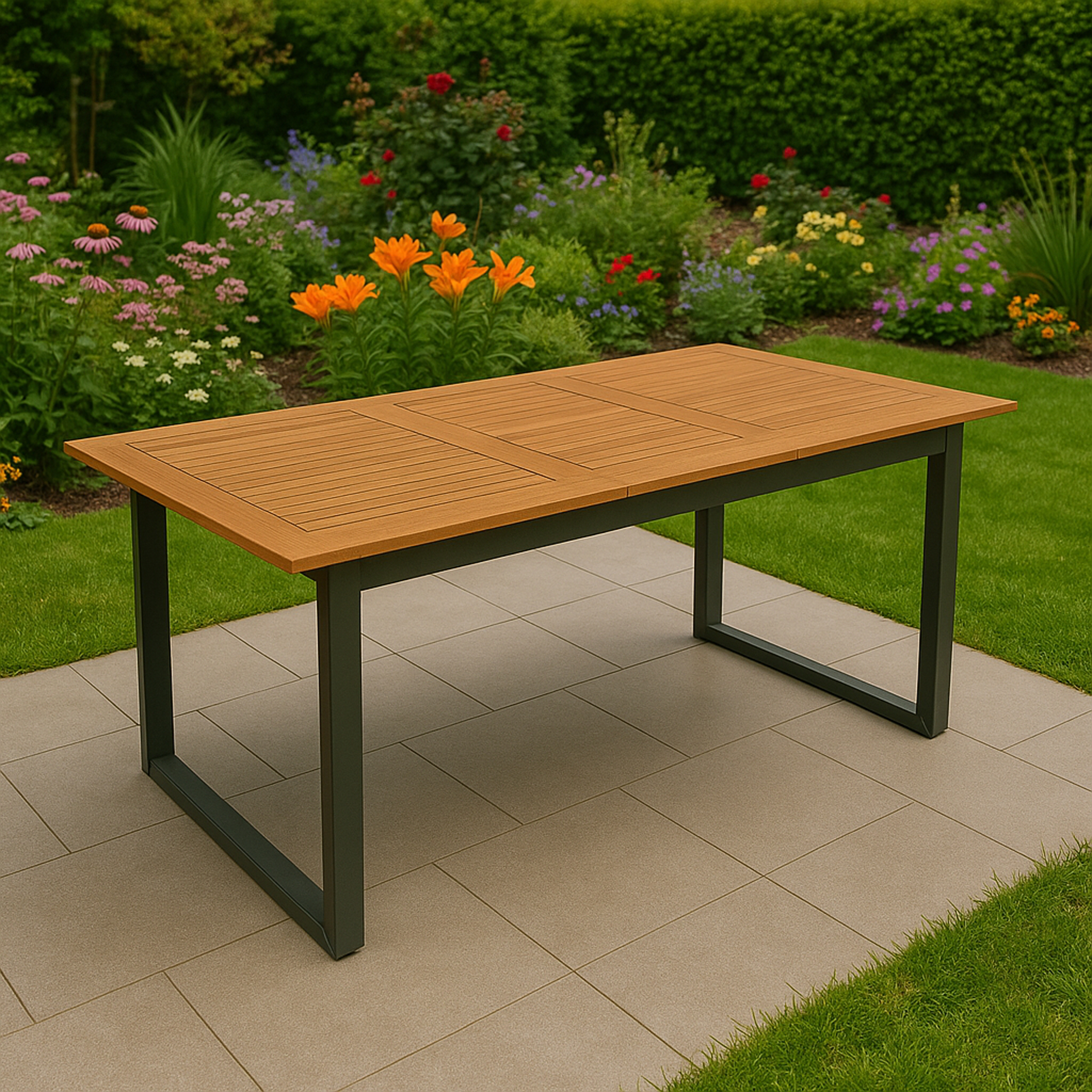 Ein Holztisch mit dunklem Metallrahmen steht auf einer gefliesten Terrasse.