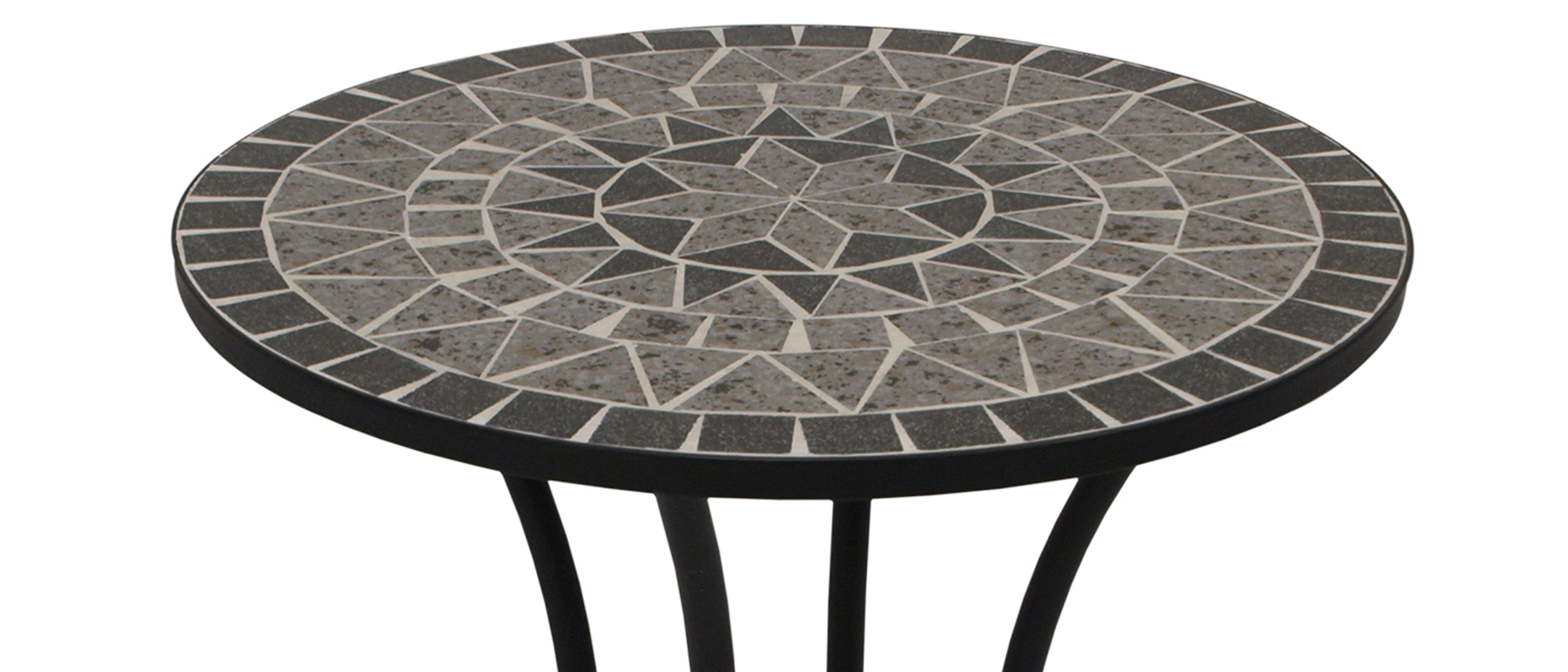 Runder Mosaiktisch mit grauen und schwarzen geometrischen Fliesen und drei Beinen.