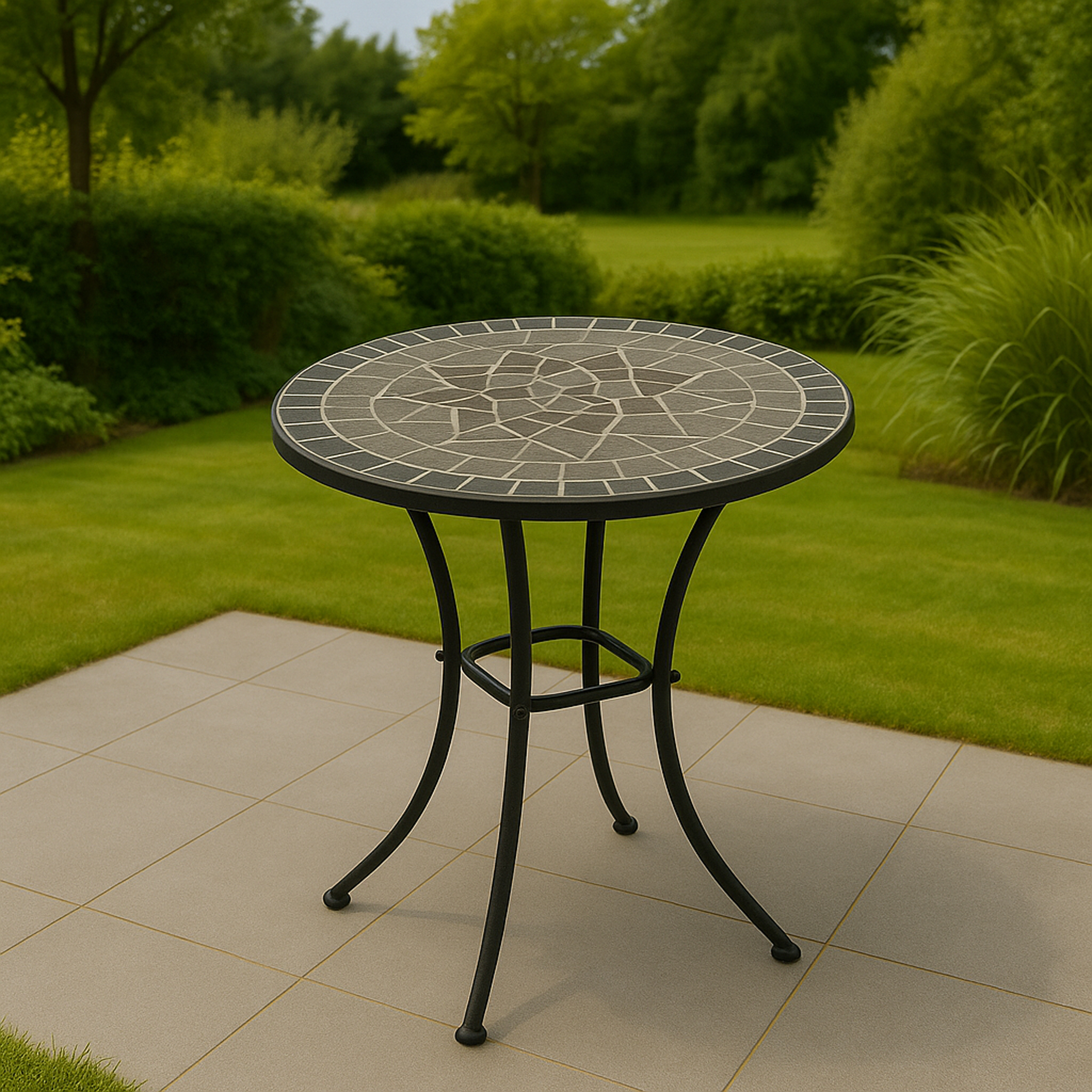 Ein runder Mosaiktisch mit dunklem Metallgestell auf einer gepflasterten Terrasse.