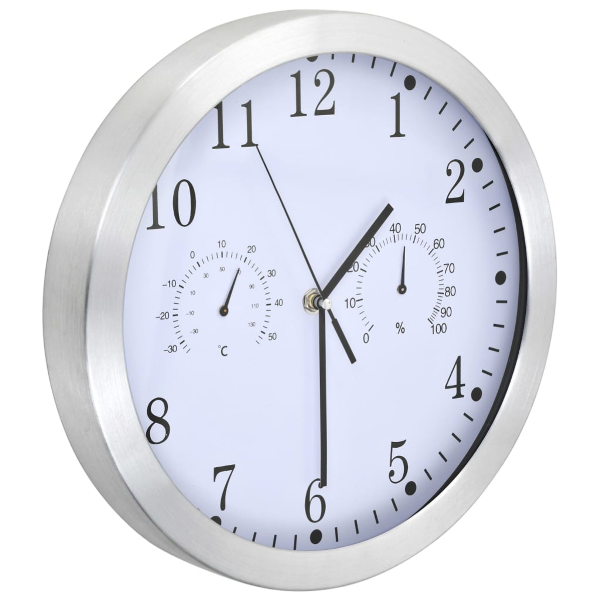 Eine silberne Wanduhr mit Thermometer und Hygrometer.