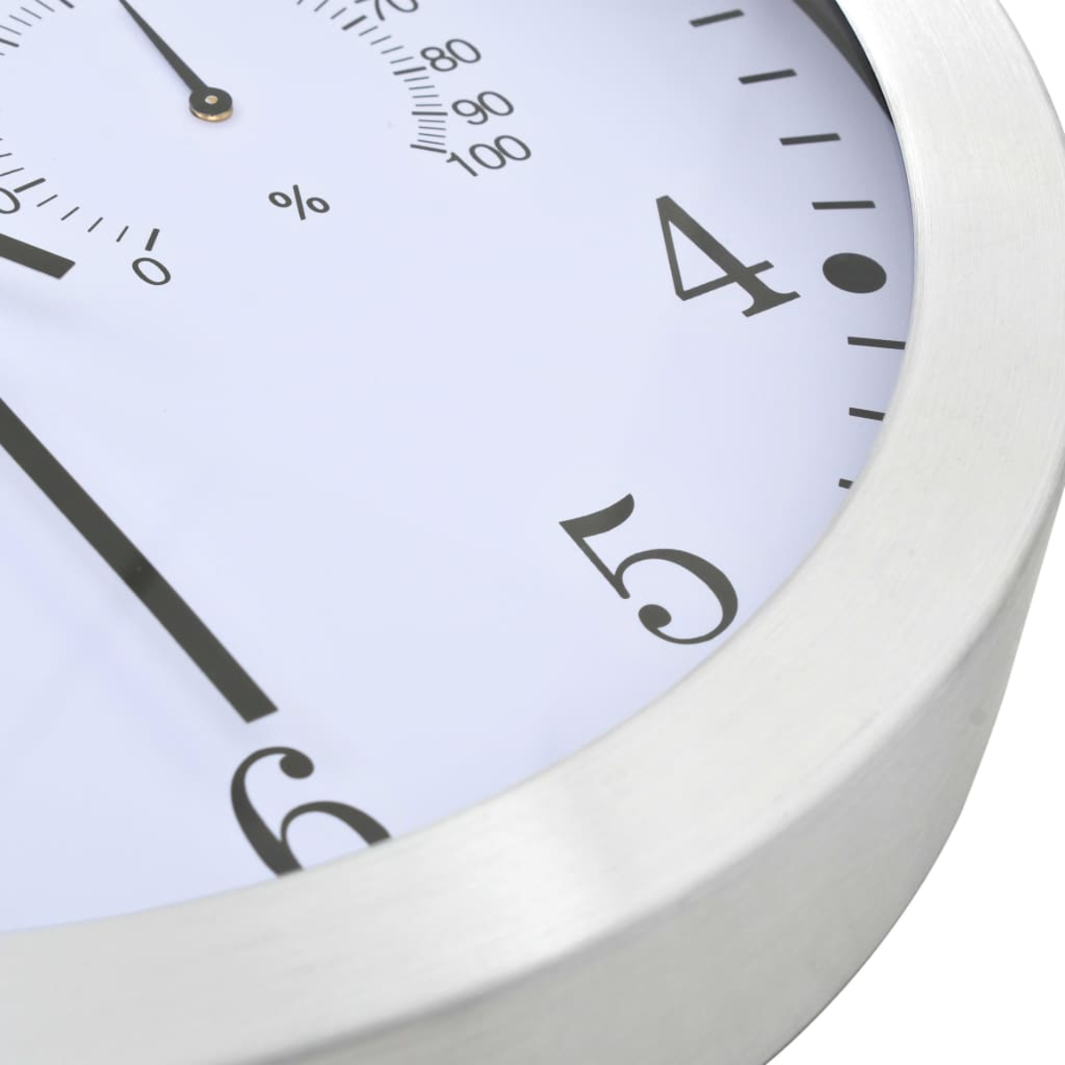 Nahaufnahme einer runden Hygrometer-Uhr mit silbernem Rahmen und weißen Zifferblatt.