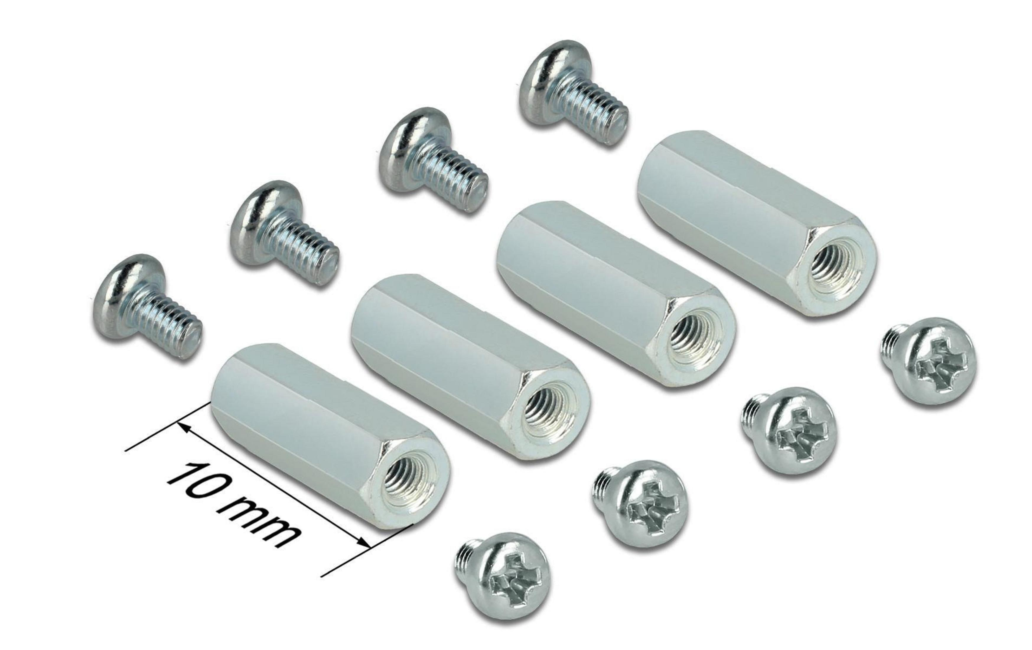 Silberne Schrauben und Abstandshalter mit Maß 10 mm auf weißem Hintergrund.