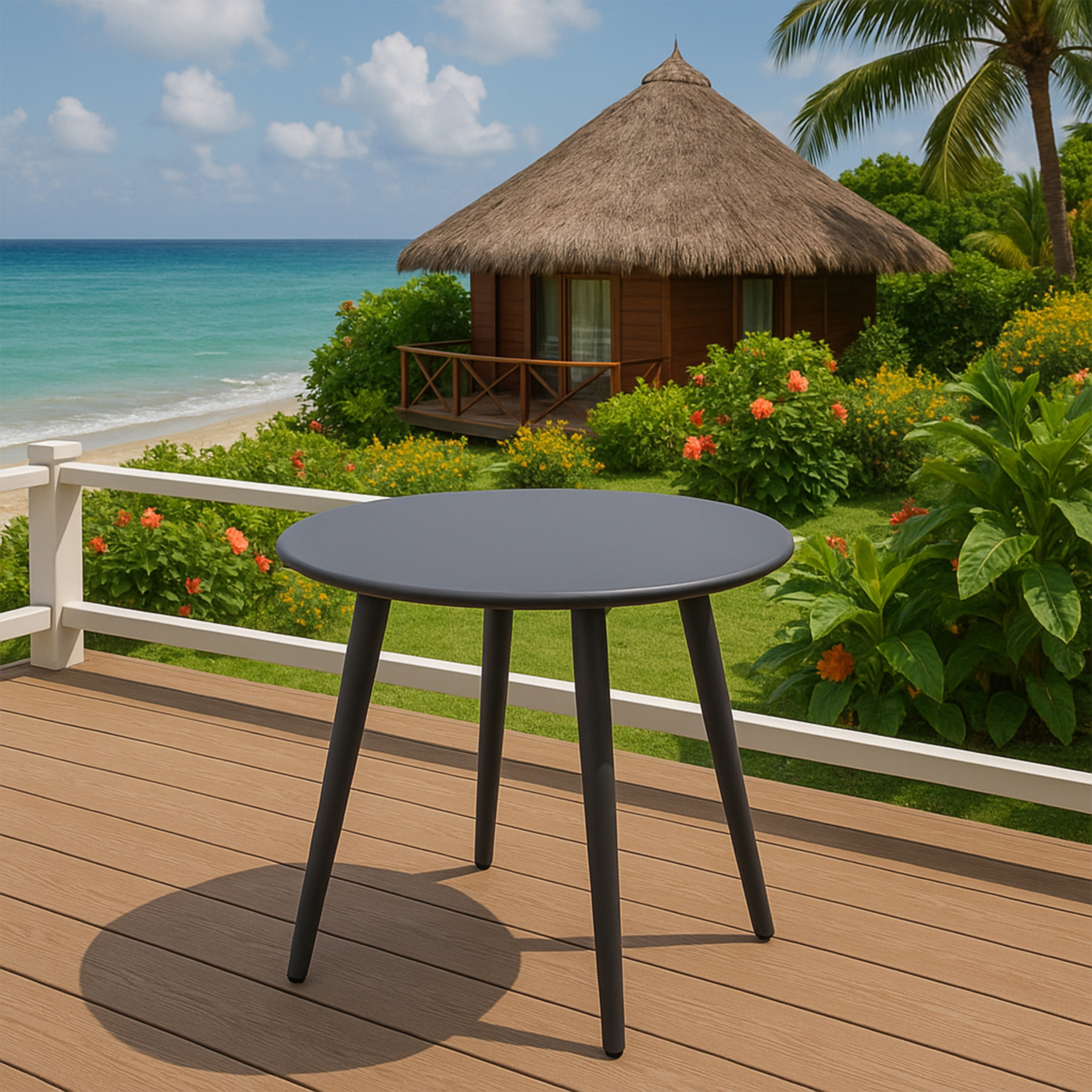 Ein grauer Tisch steht auf einer Holzterrasse mit Blick auf das Meer und ein strohgedecktes Haus.