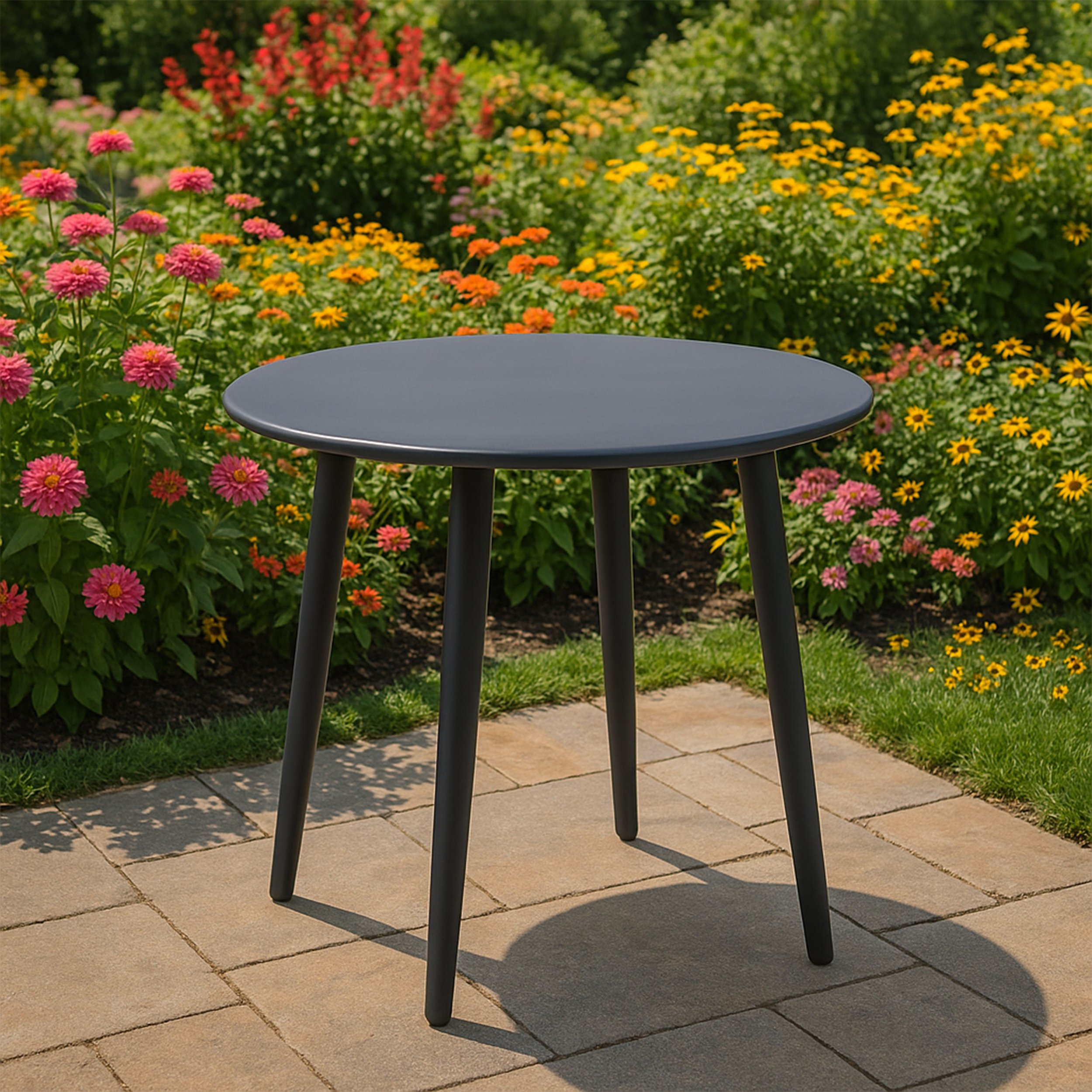 Ein dunkelgrauer runder Tisch steht auf einer gepflasterten Terrasse vor einem Garten mit bunten Blumen.