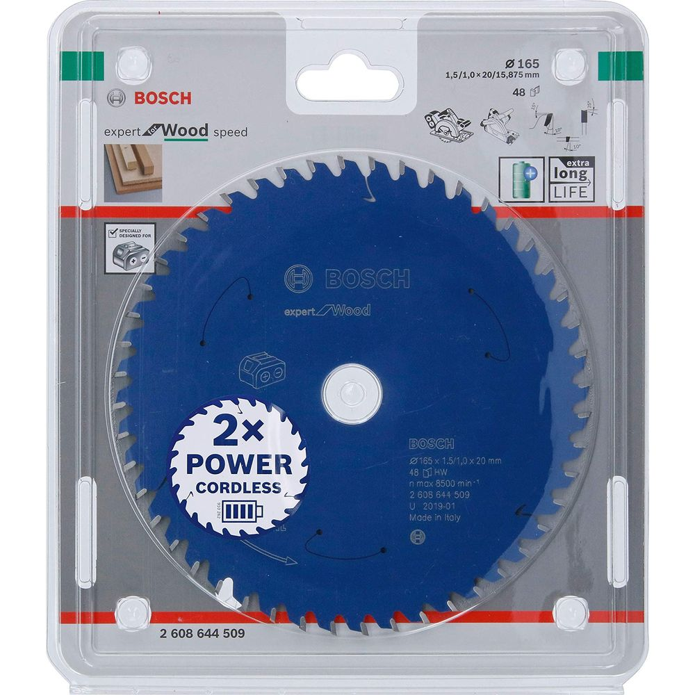Bosch Kreissägeblatt für Holz, 165mm, 48 Zähne, blau, in Verpackung.
