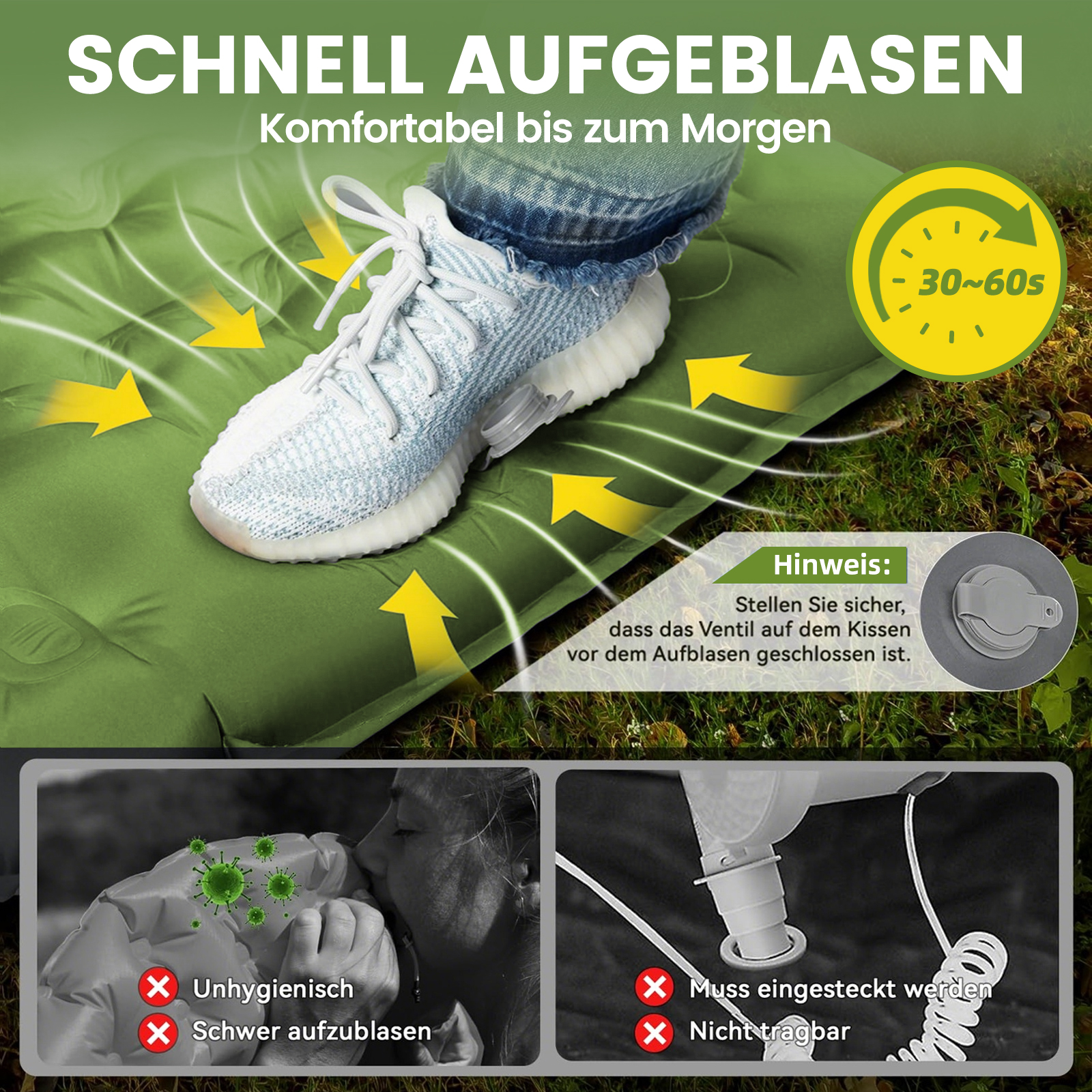 Schnell aufgeblasenes Luftbett mit Schuh, 30-60s, Hinweis: Ventil schließen.
