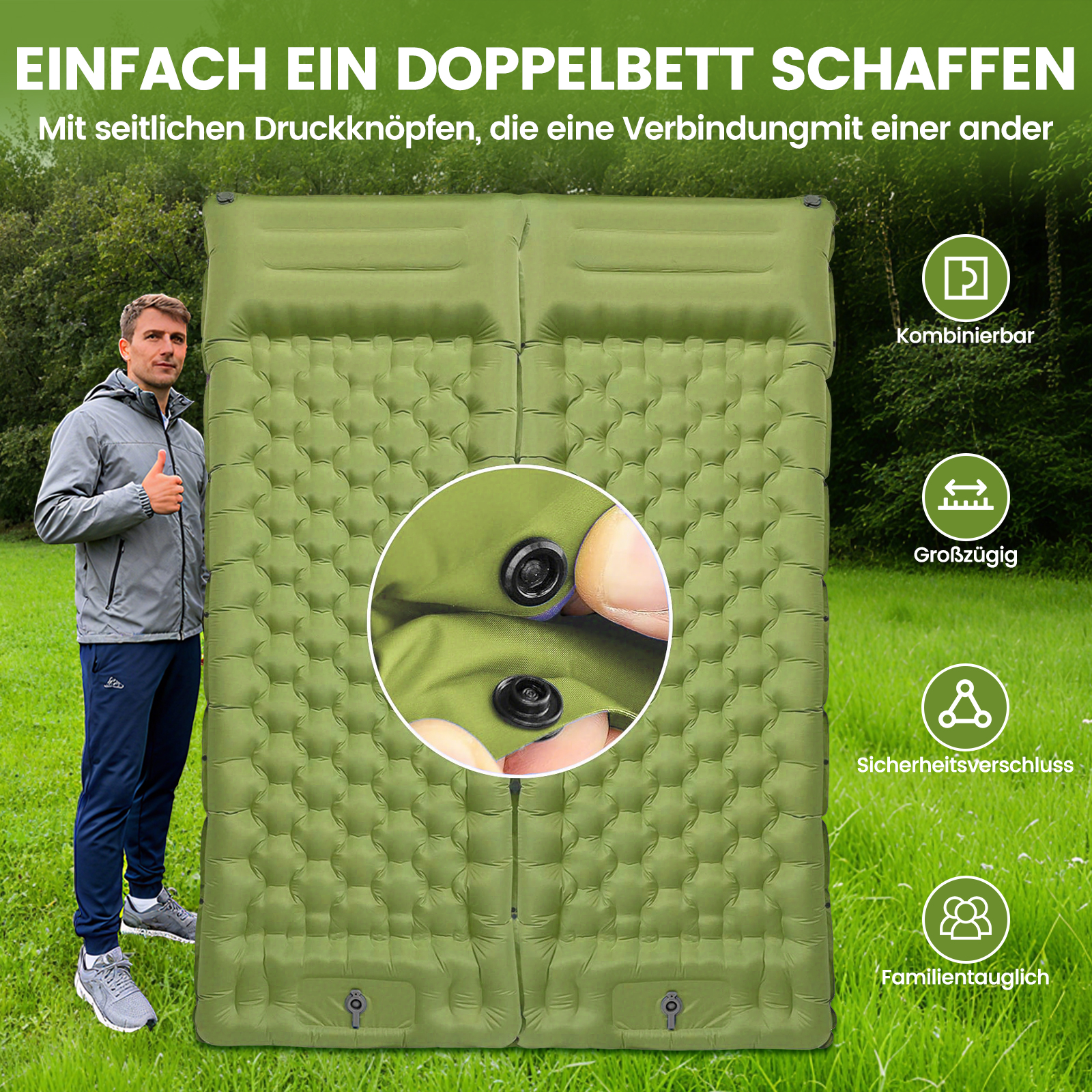 Ein Mann steht neben einem grünen Doppel-Luftbett im Freien. Details zeigen Knöpfe.