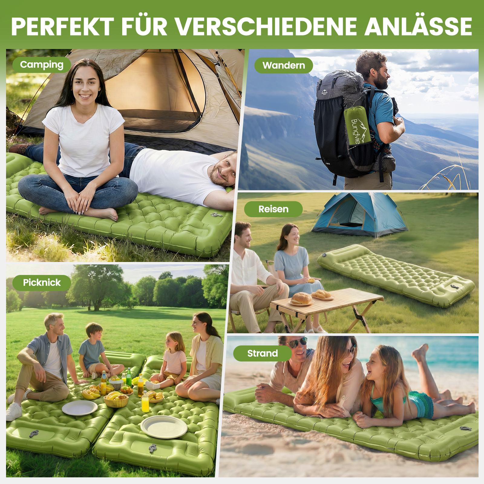 Eine Collage zeigt Menschen beim Camping, Wandern, Reisen und Picknick auf Luftmatratzen.