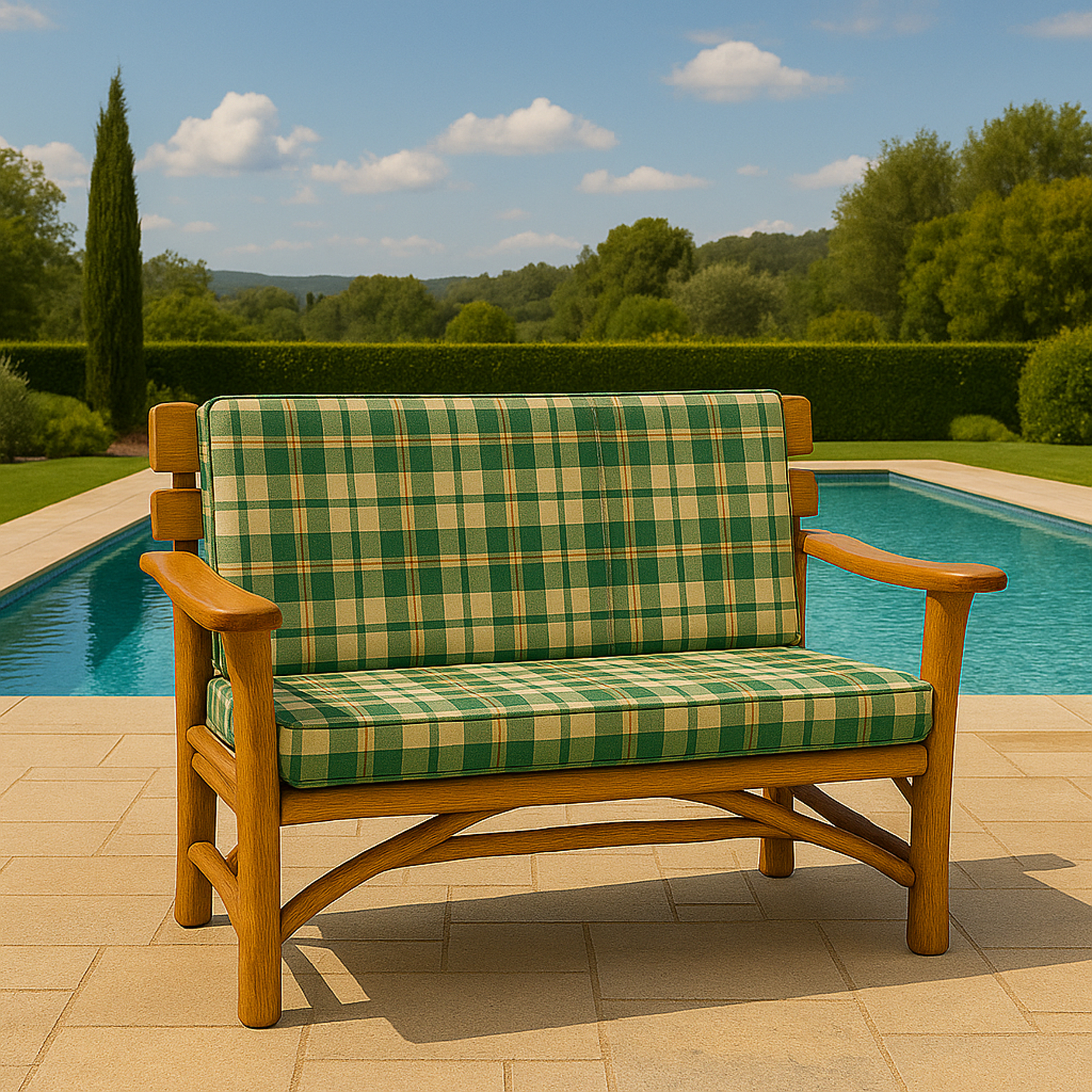 Holzbank mit grün karierten Polstern neben einem Pool im Freien.