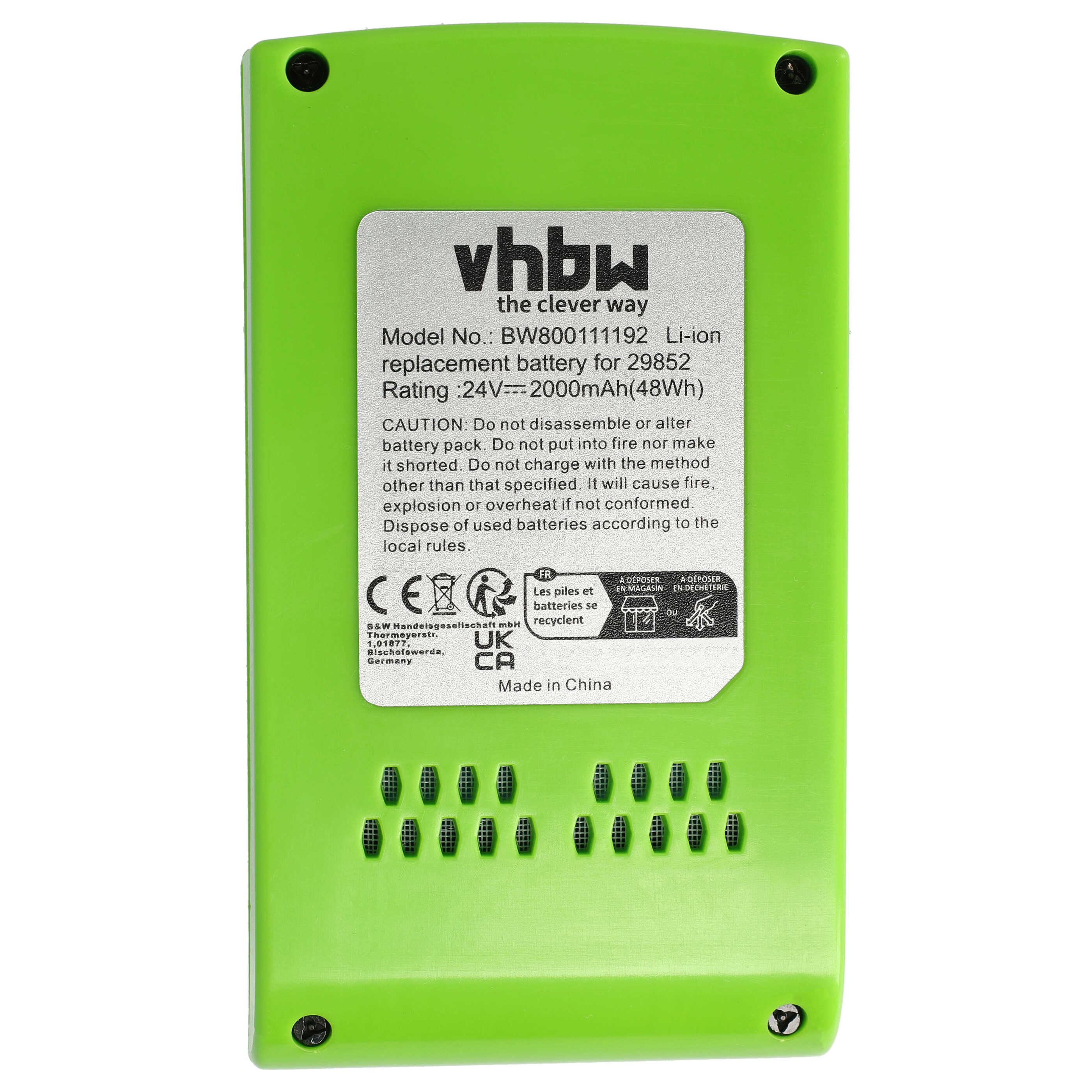 Grüne Ersatzbatterie mit Aufkleber: VHBW, Modell BW800111192, 24V, 2000mAh.