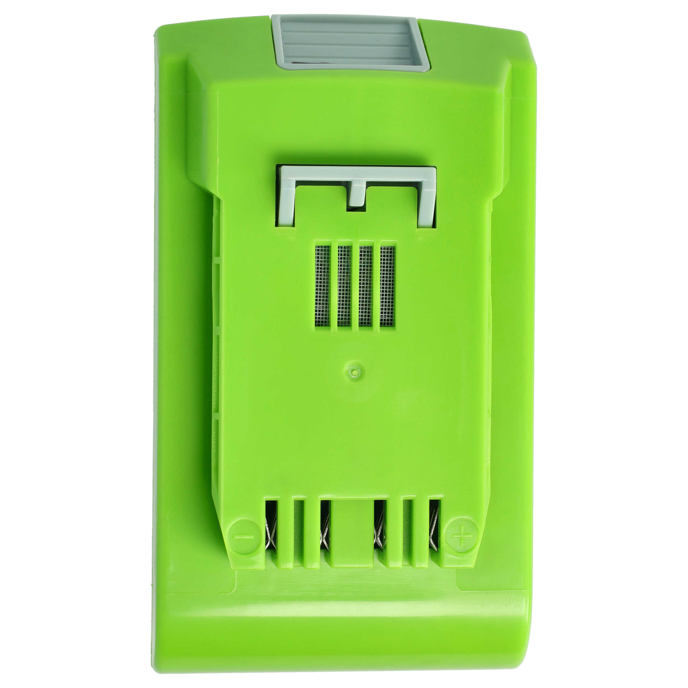 Eine grüne Batteriepack mit Ladeanzeige und Metallkontakten.