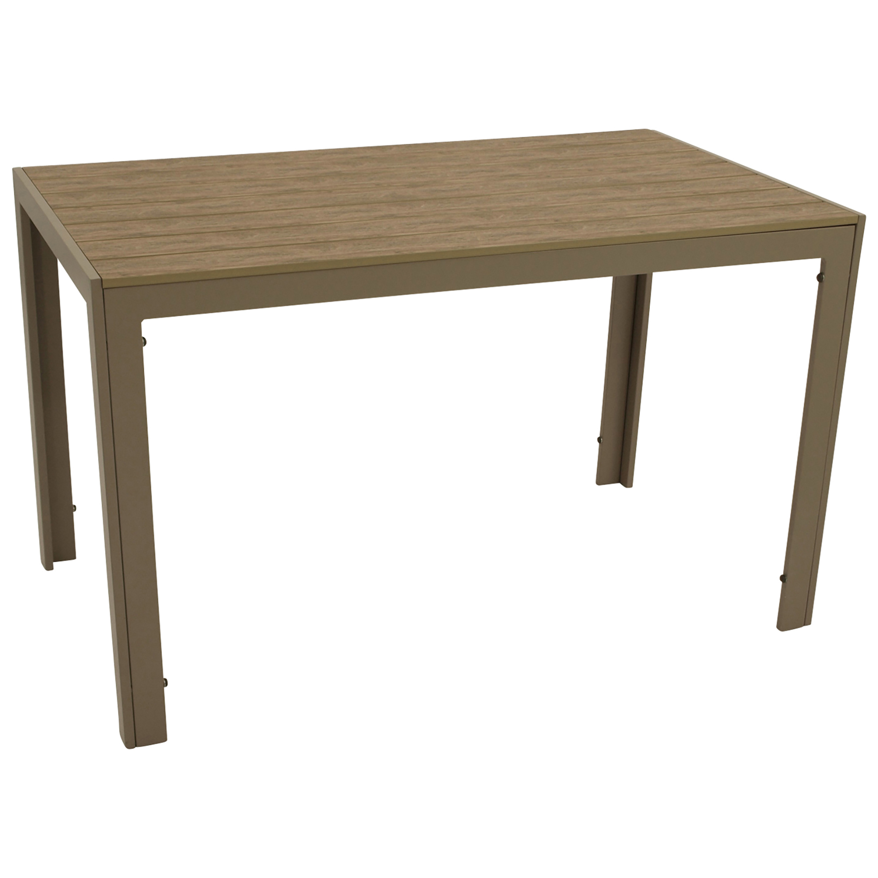 Ein rechteckiger Tisch mit Holzlattenplatte und braunem Metallrahmen.