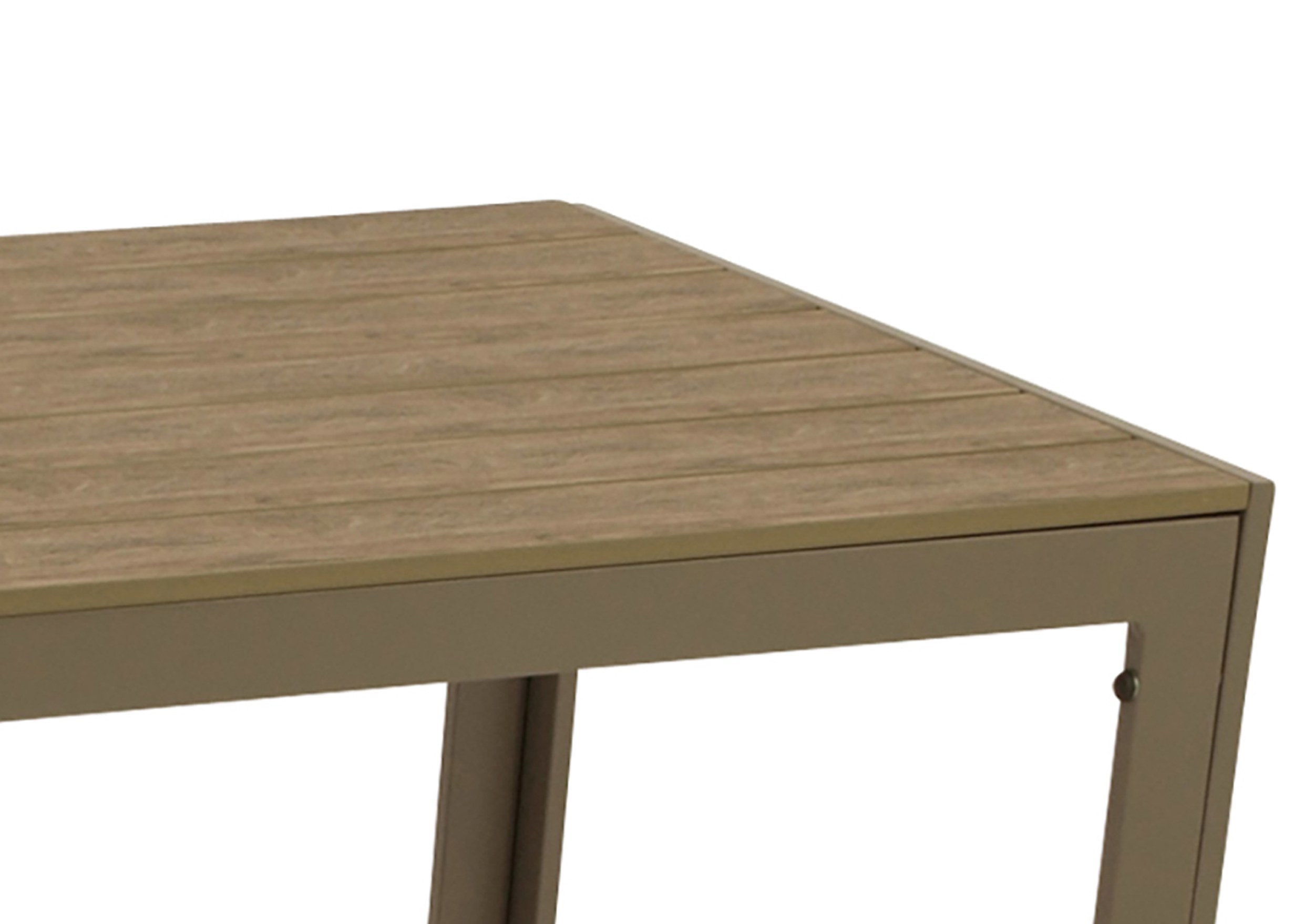 Eine Nahaufnahme einer Tischplatte aus Holzlamellen mit braunem Metallrahmen.
