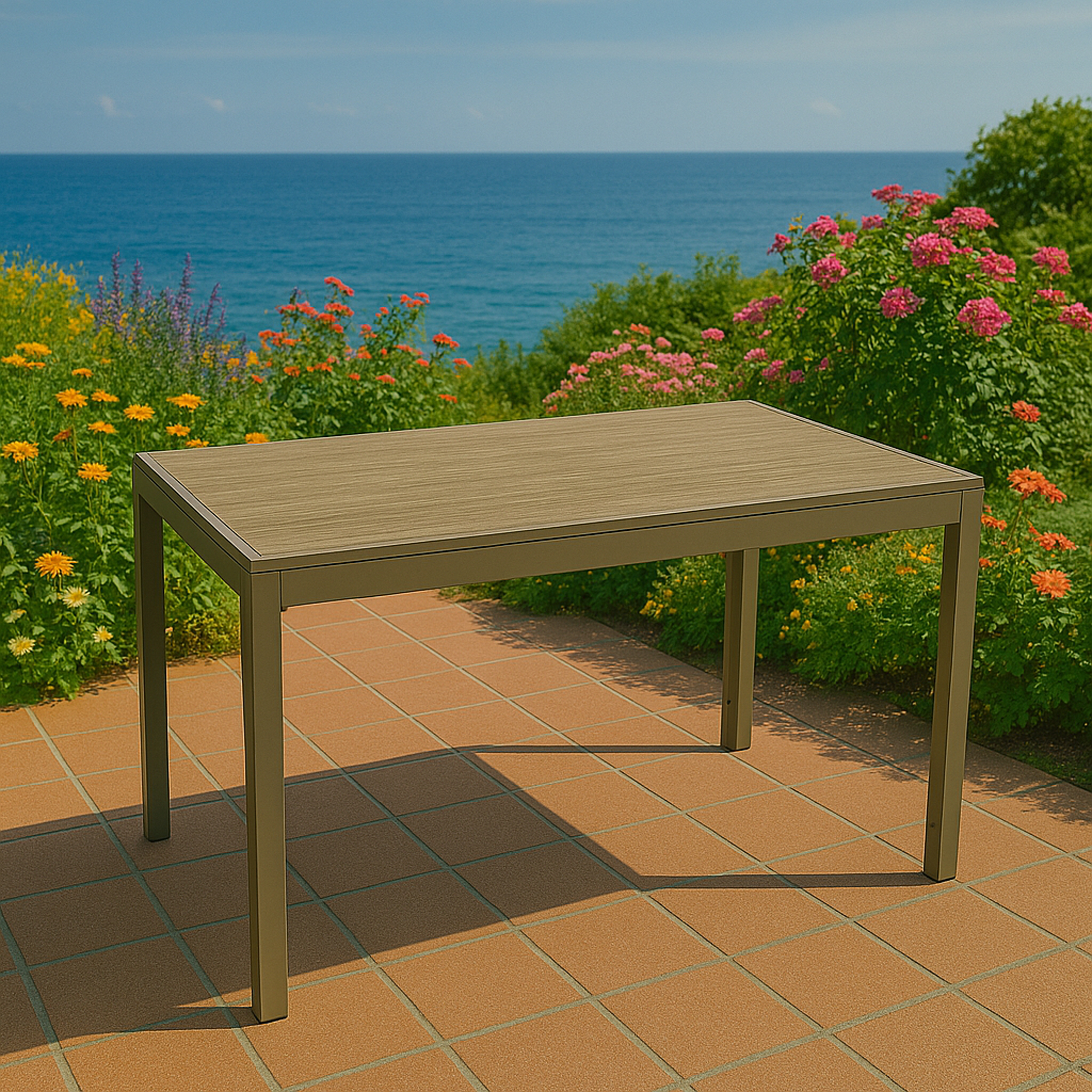 Ein Tisch steht auf einer Terrasse mit Blick auf das Meer und blühende Blumen.