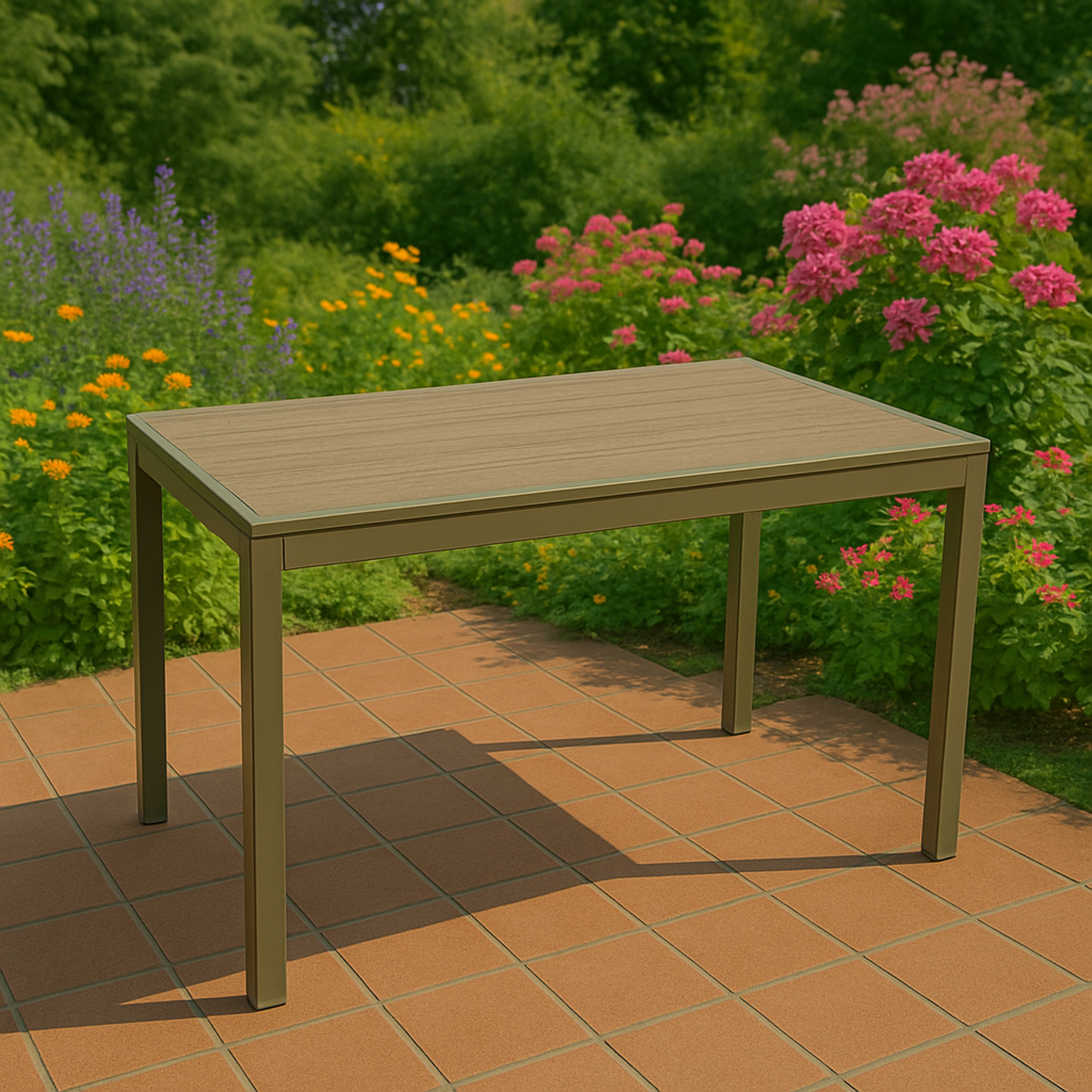 Ein brauner Gartentisch steht auf einer orangefarbenen Terrassenfliese. Blumen blühen im Hintergrund.